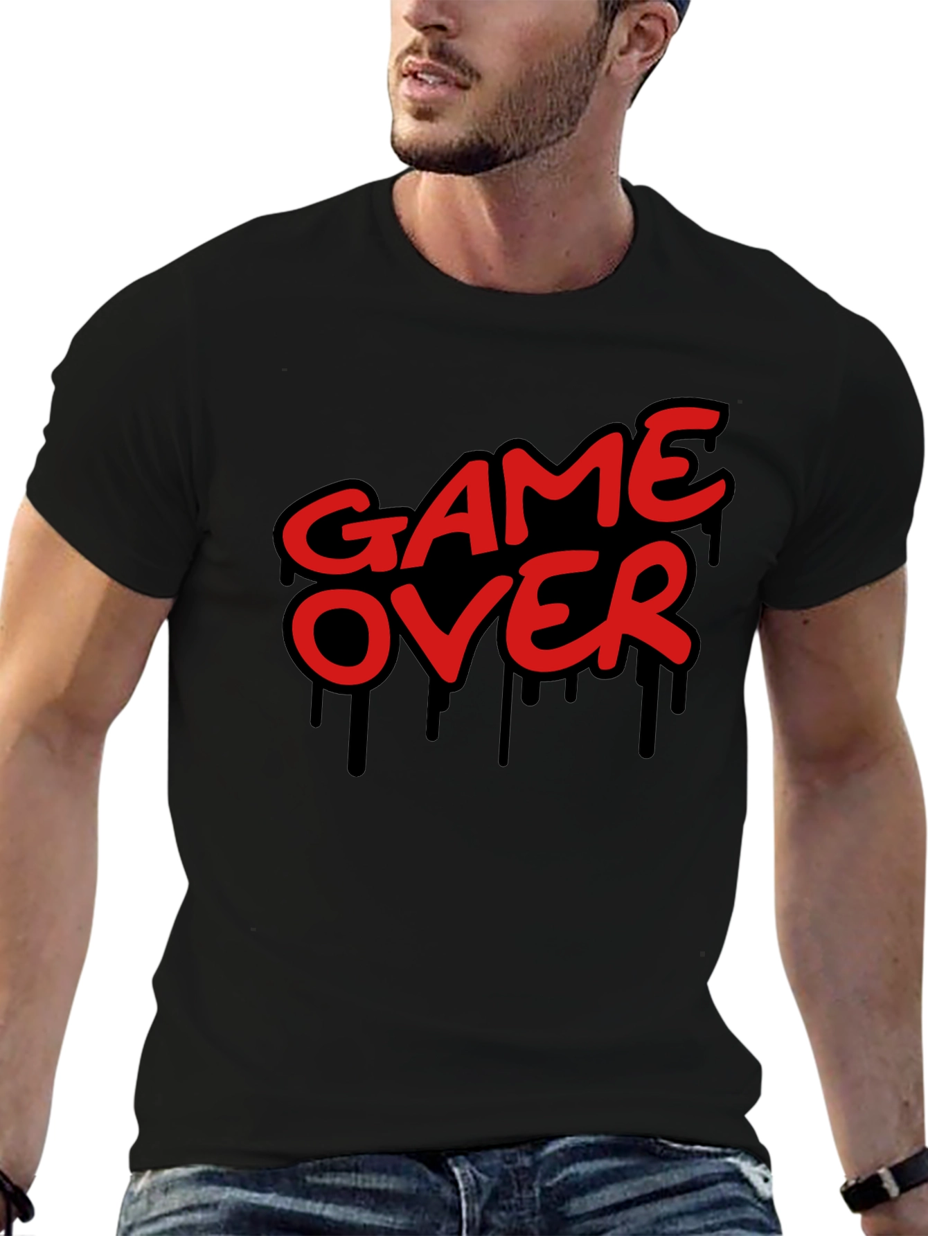 Black Game Over Graphic Print Crew Neck T-Shirt view 6