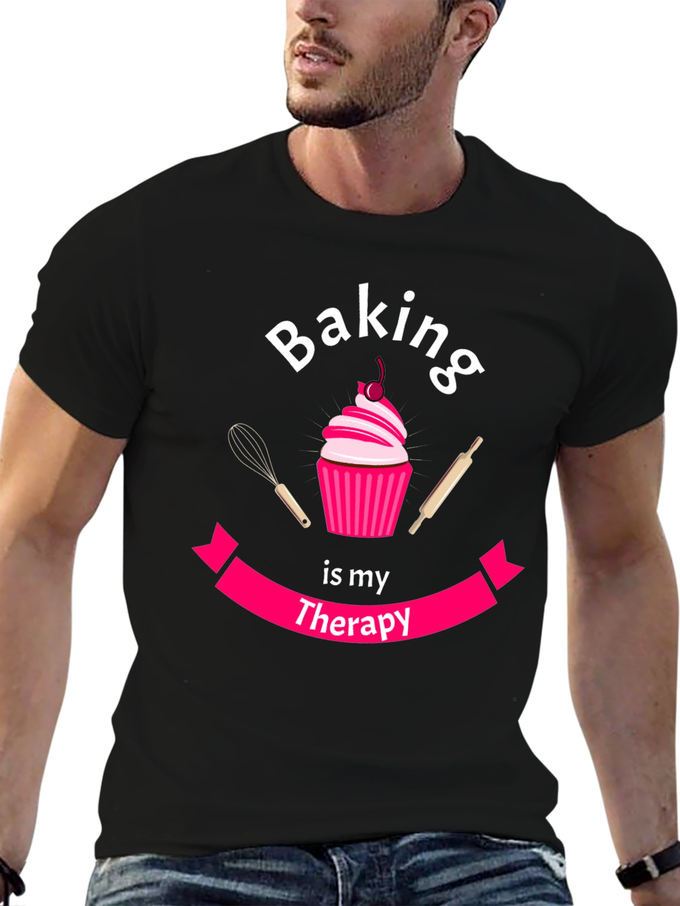 Black Baking is My Therapy T-Shirt - Cupcake Design view 6