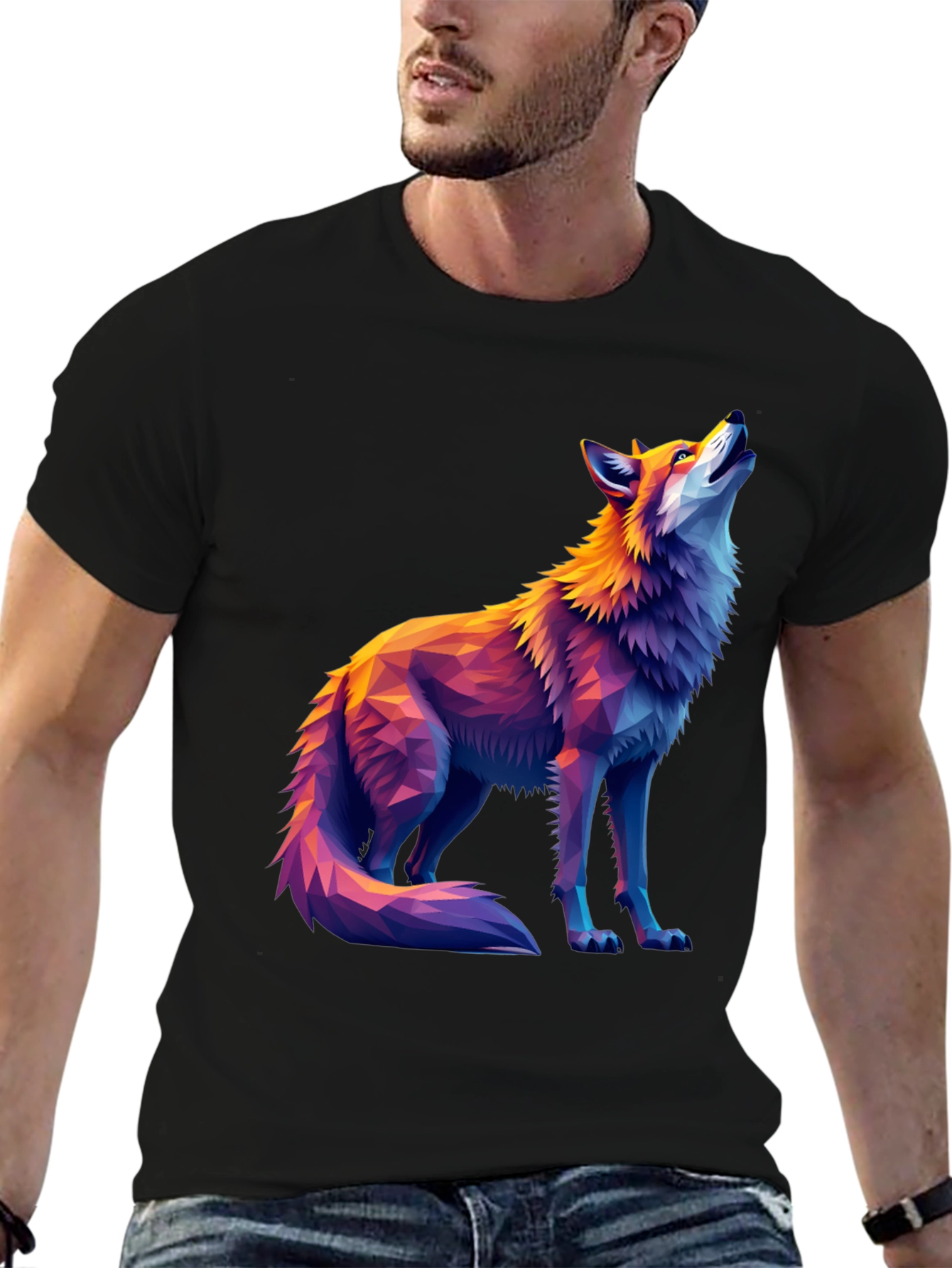 Black Geometric Wolf Graphic Tee - Artistic Black T-Shirt view 6