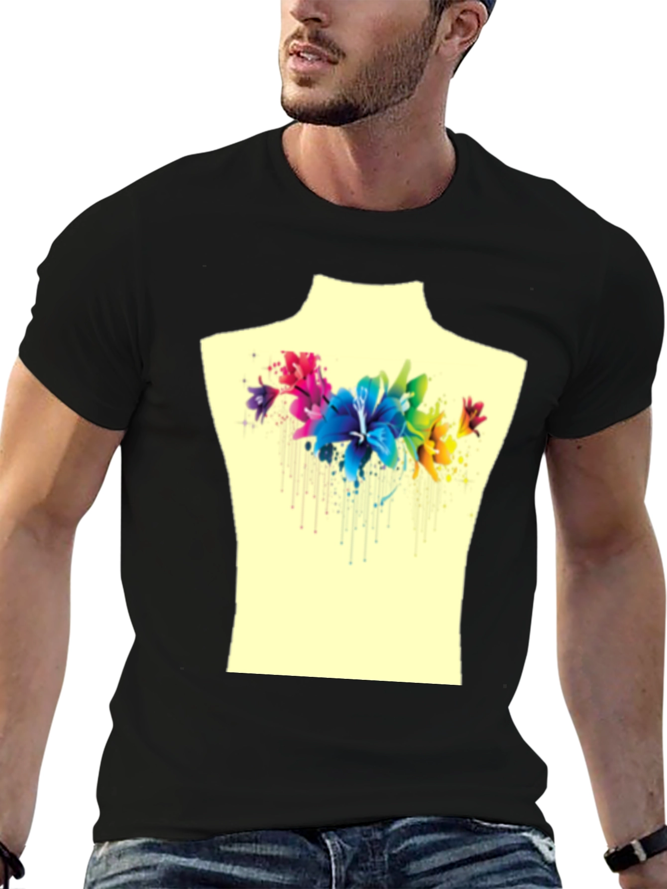 Black Floral Watercolor Graphic Tee - Stylish Men's T-Shirt view 6
