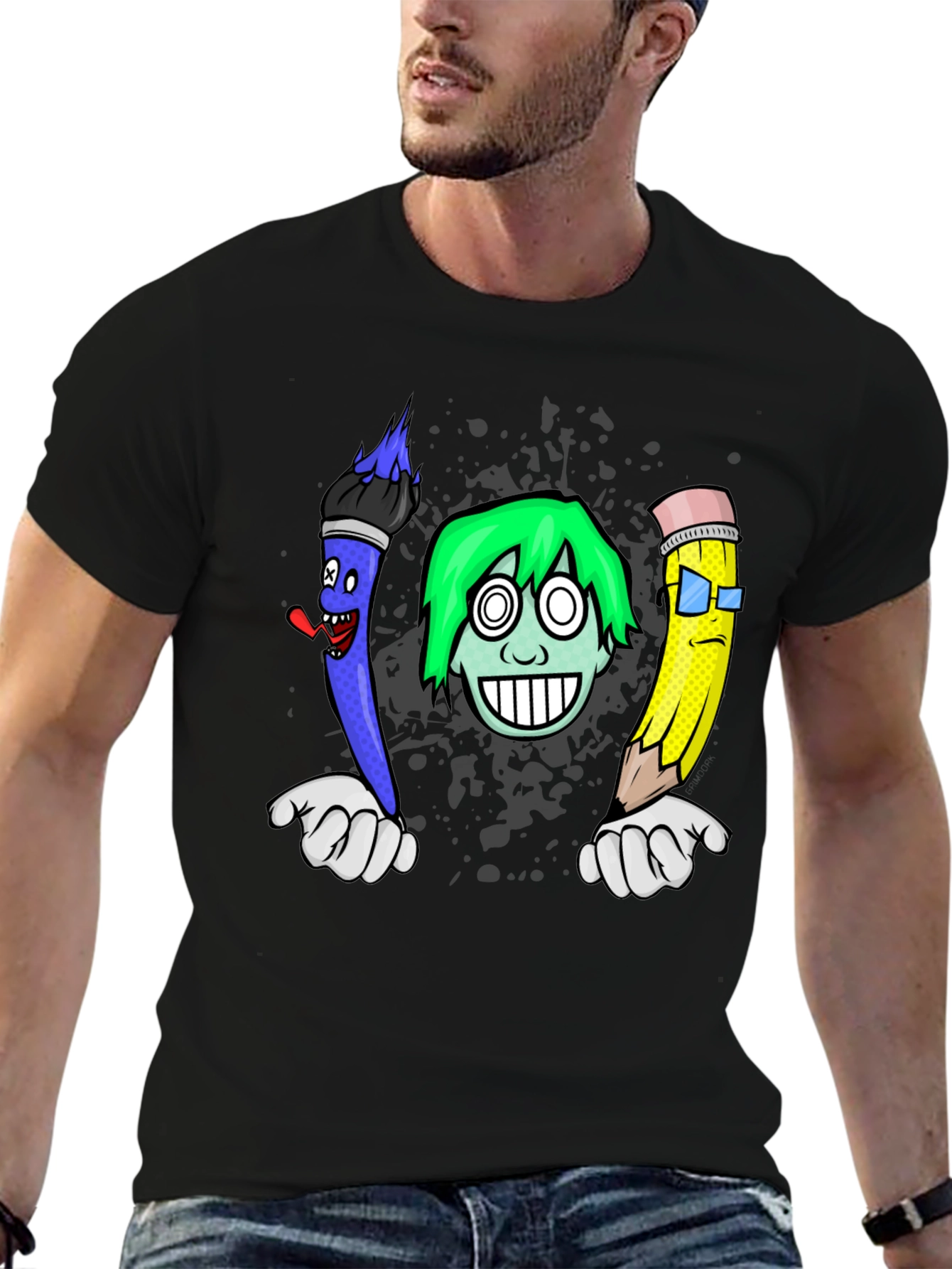Black Cartoon Art T-Shirt: Brush, Pencil, & Character view 6