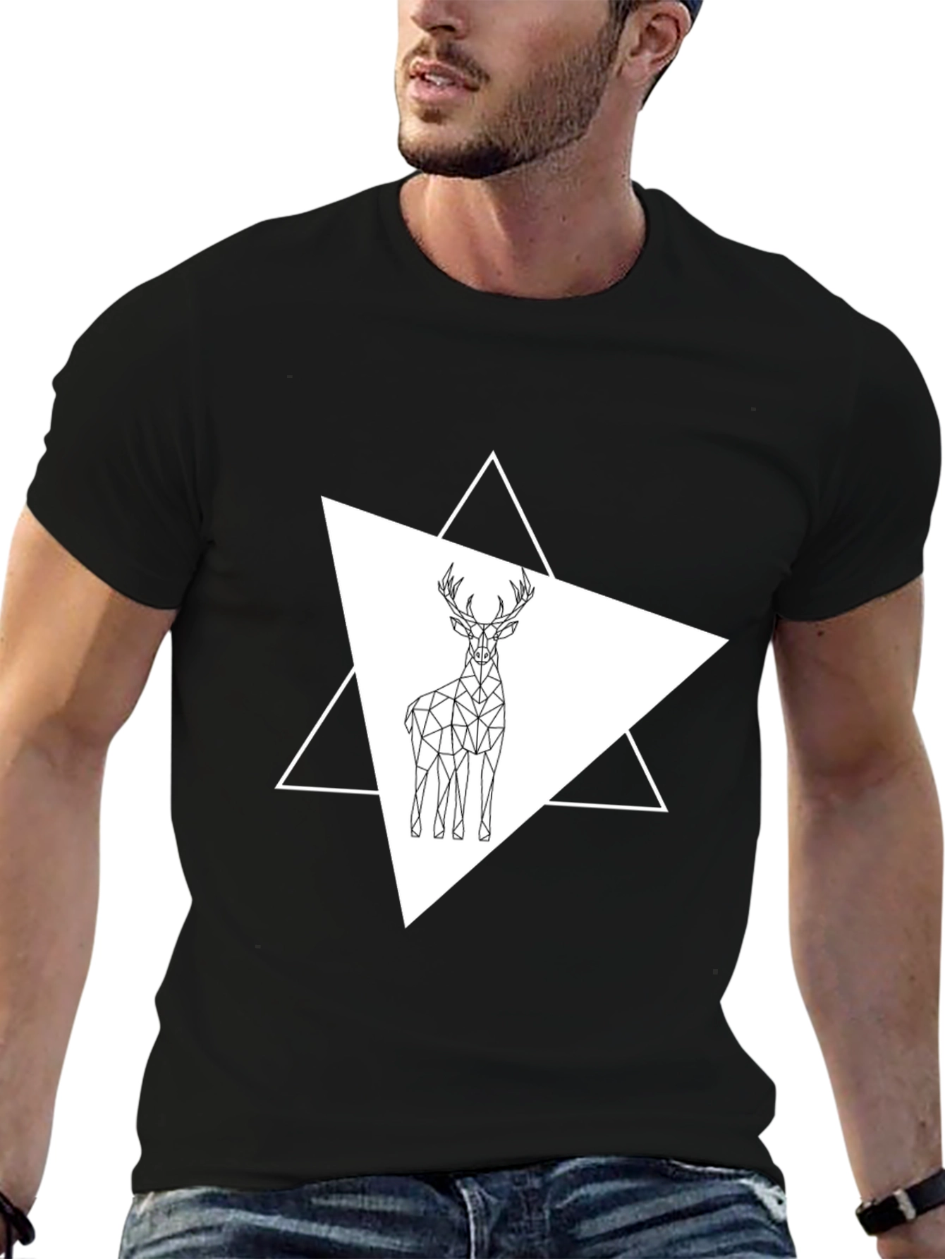 Black Geometric Deer Graphic Tee - Stylish Black T-Shirt view 6