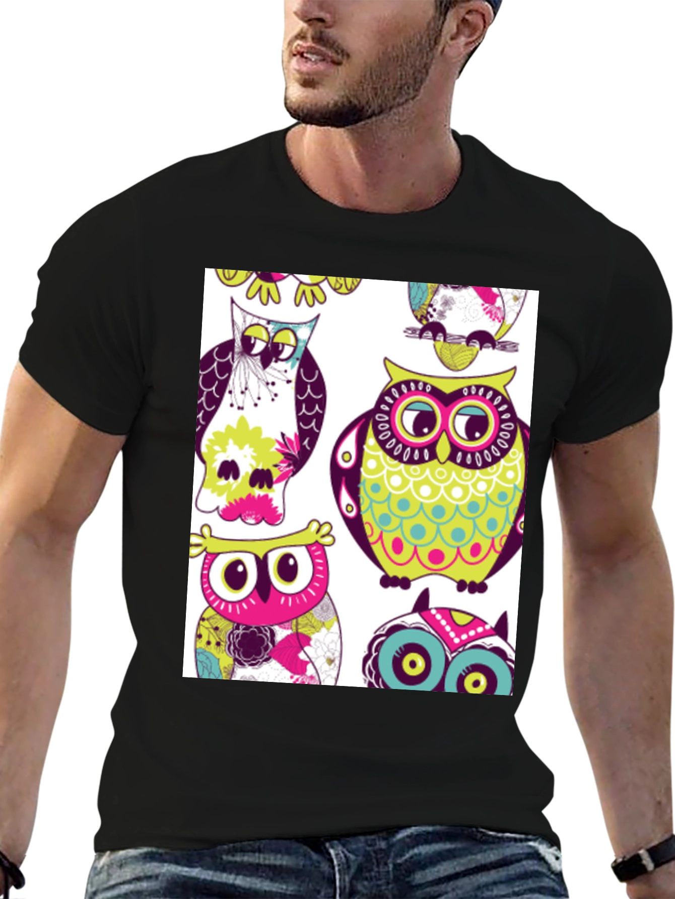 Black Owl Pattern Graphic Print Crew Neck Tee view 6