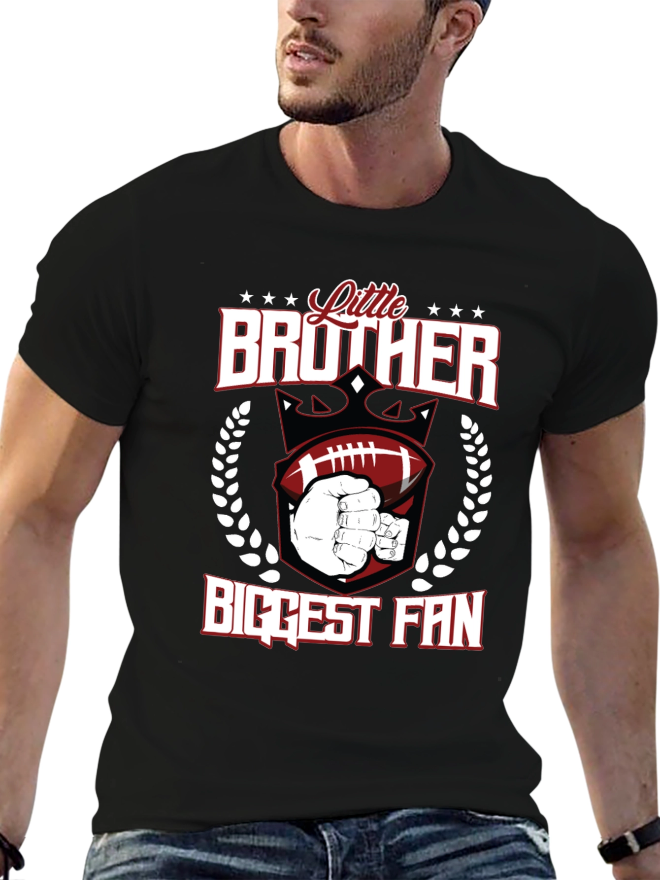 Black Little Brother Biggest Fan T-Shirt view 6