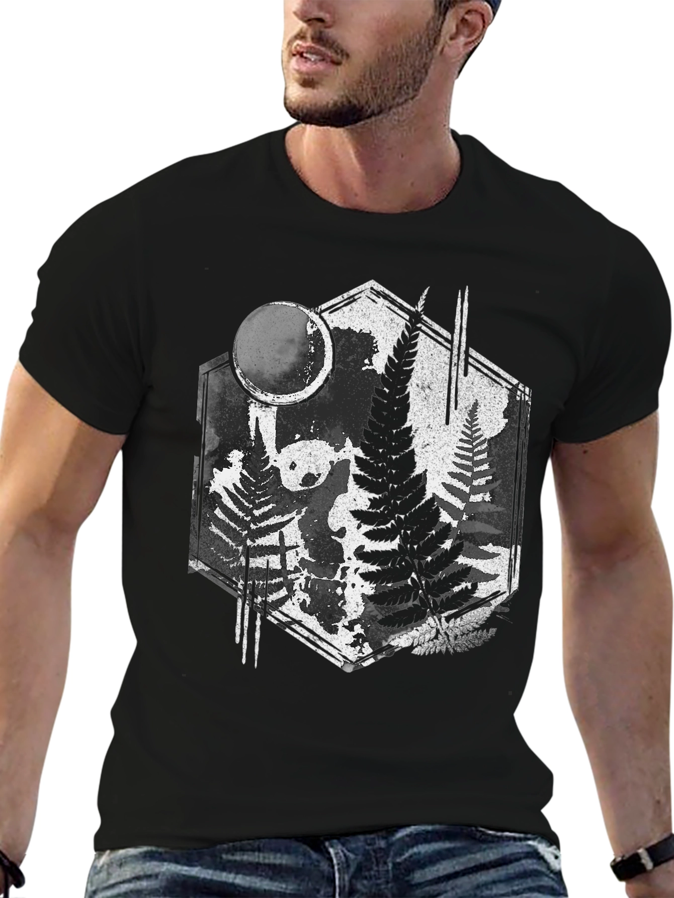 Black Fern Forest Panda Black T-Shirt - Nature Inspired Graphic Tee view 6