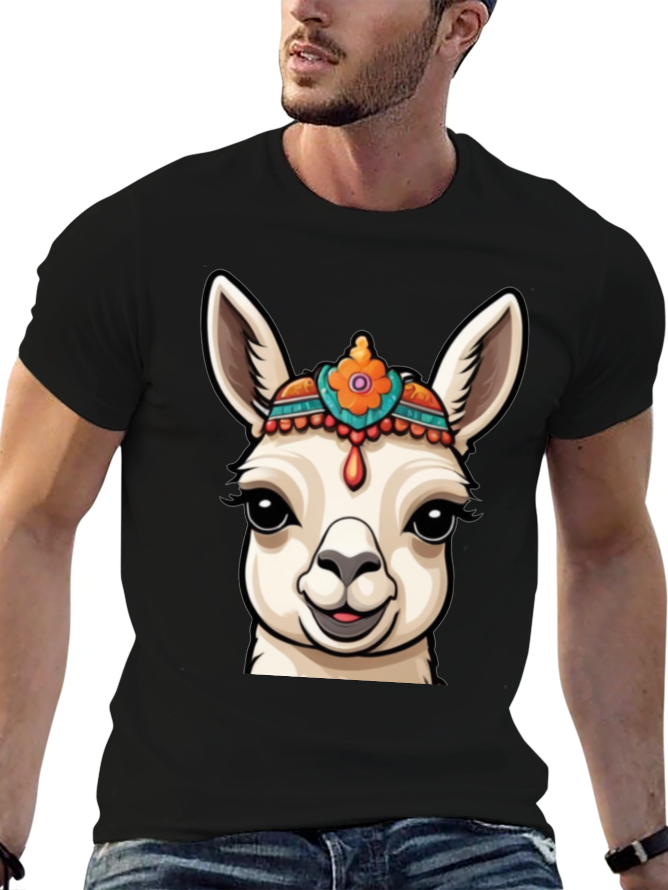 Black Llama Head Graphic Tee - Unique Animal Print view 6