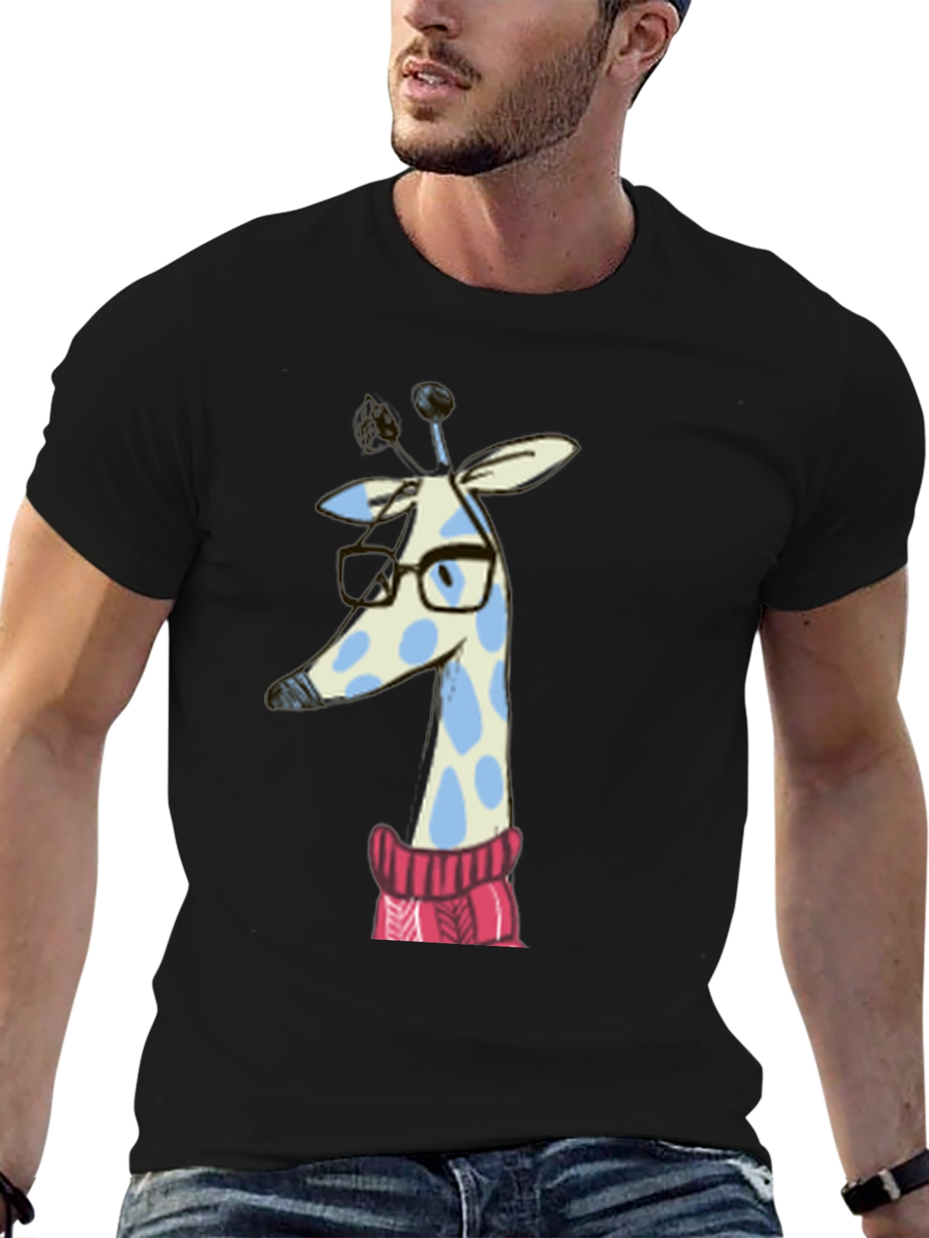 Black Giraffe in Sweater Graphic Tee - Unisex Black T-Shirt view 6