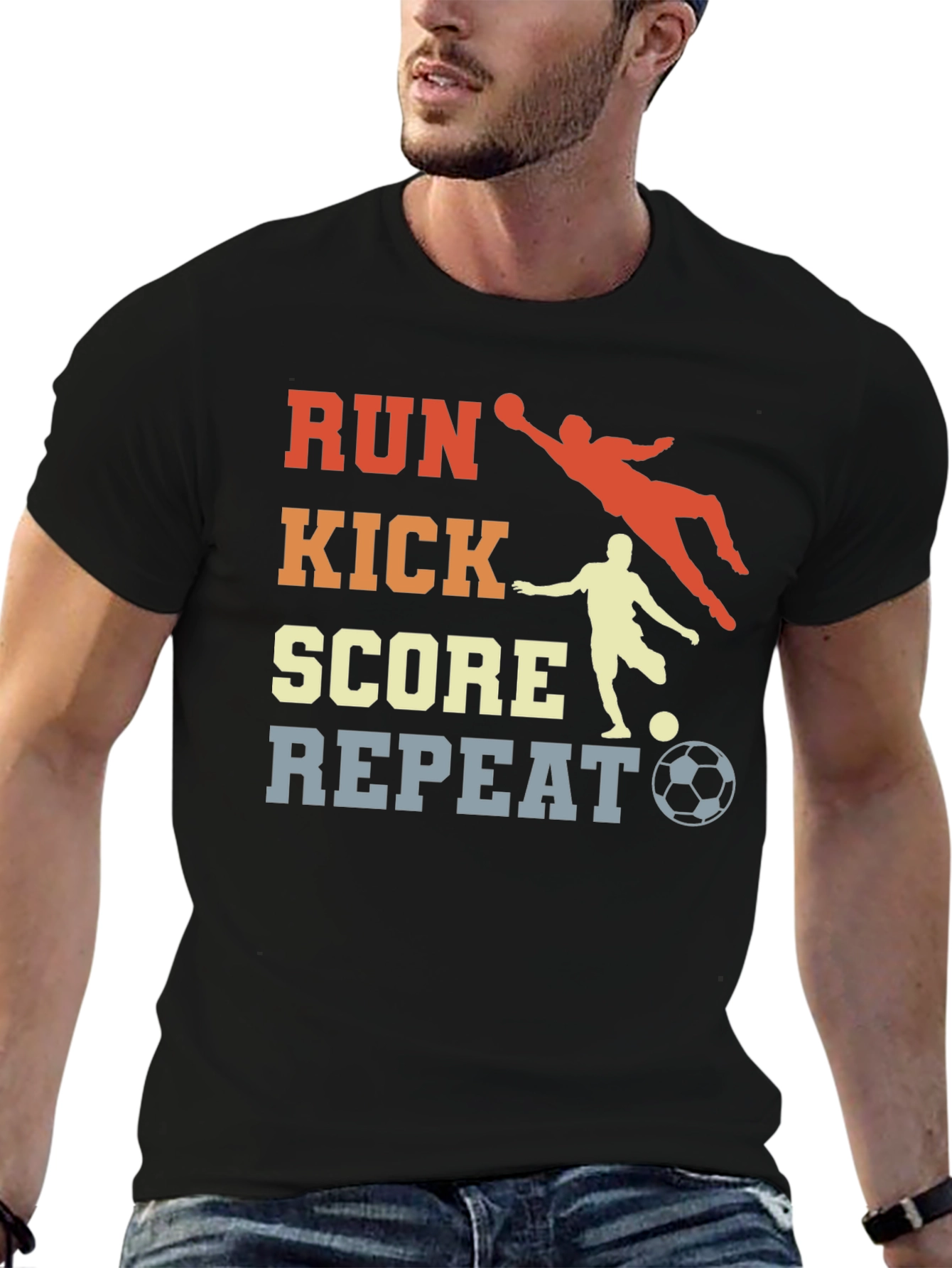 Black Run Kick Score Repeat Soccer T-Shirt view 6