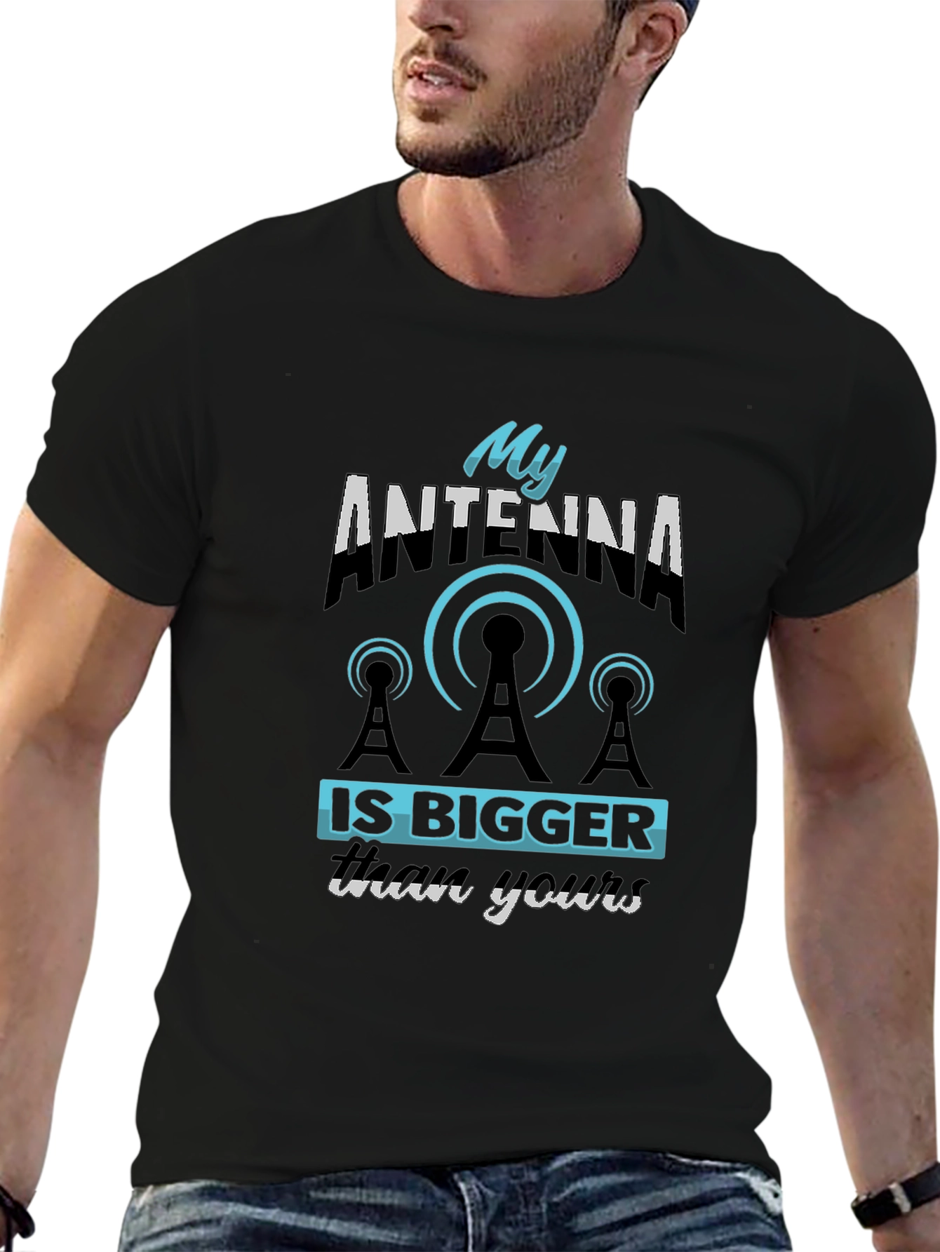 Black Funny Antenna T-Shirt - My Antenna Is Bigger Than Yours view 6