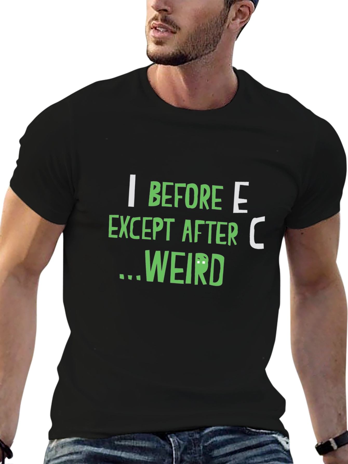 Black I Before E T-Shirt - Funny Spelling Rule Tee view 6