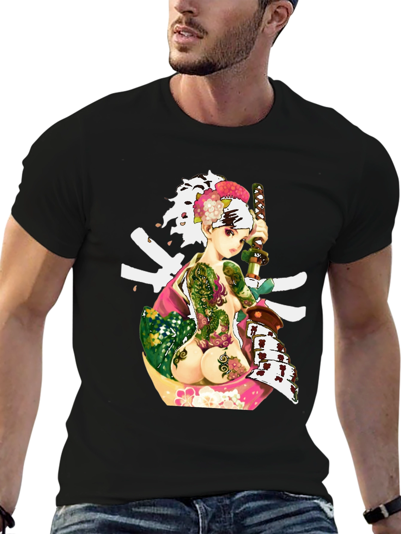 Black Samurai Girl Tattoo T-Shirt - Unique Graphic Tee view 6