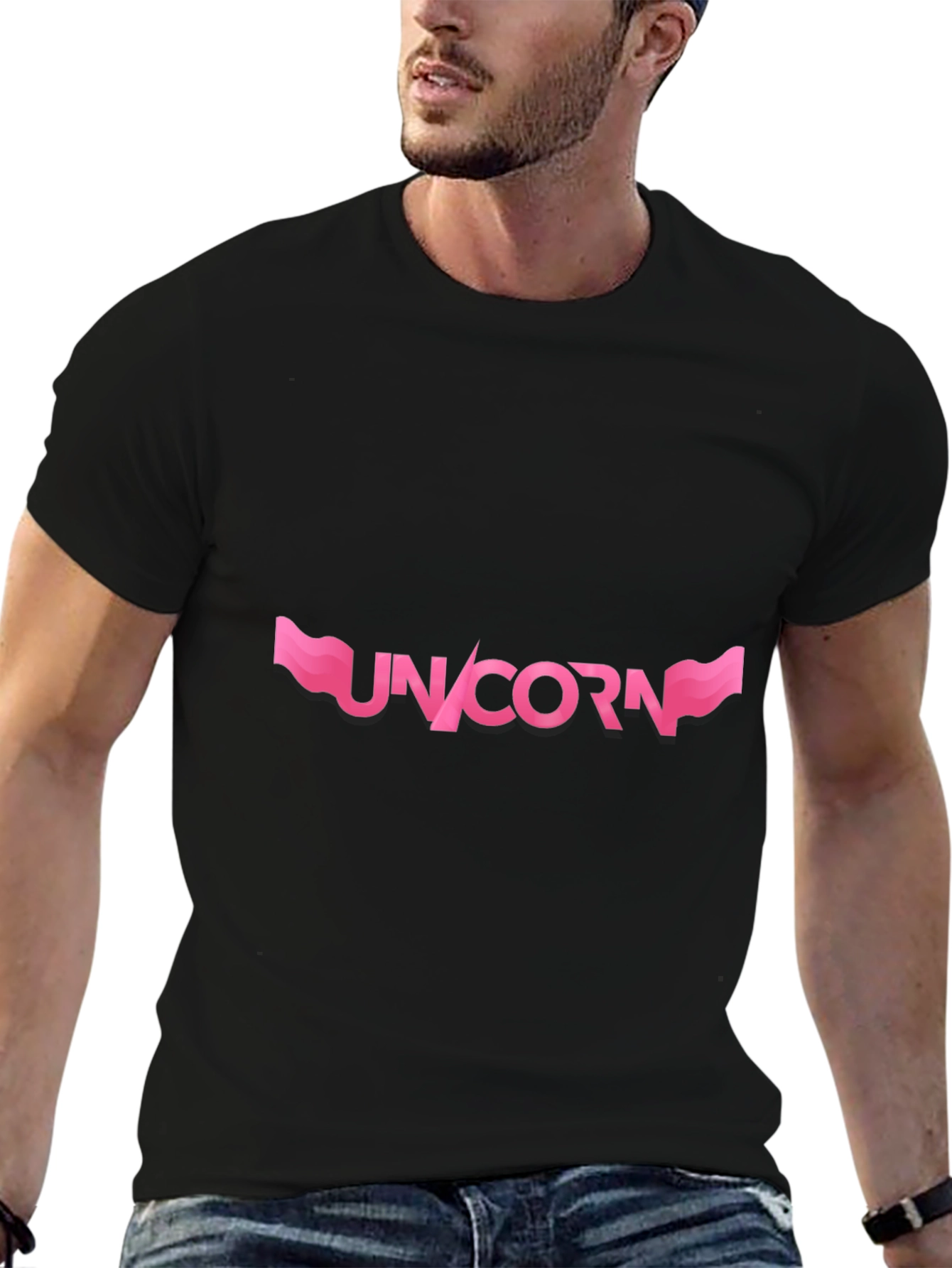 Black Unicorn Graphic T-Shirt - Pink Design on Black view 6