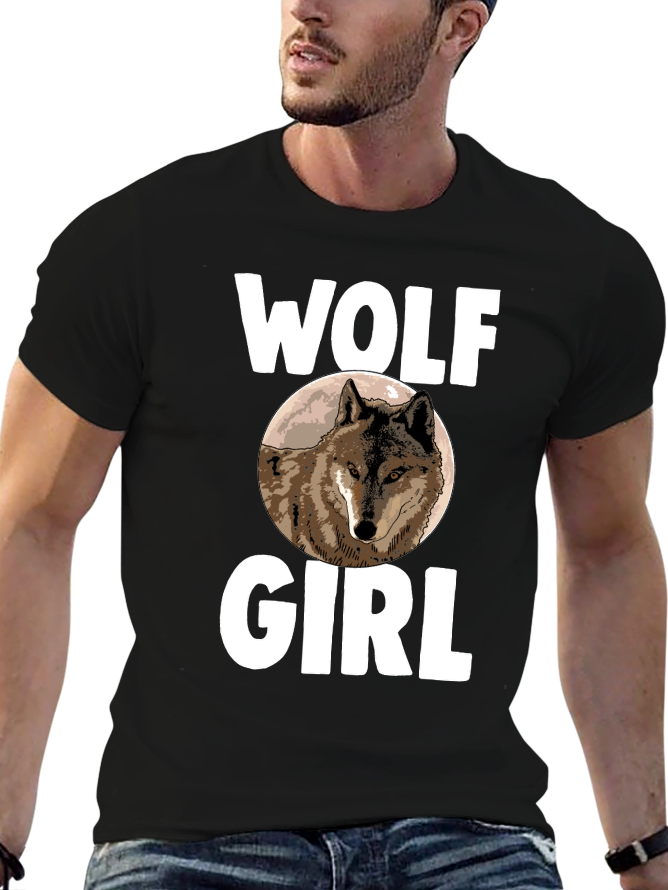 Black Wolf Girl T-Shirt - Novelty Animal Graphic Tee view 6
