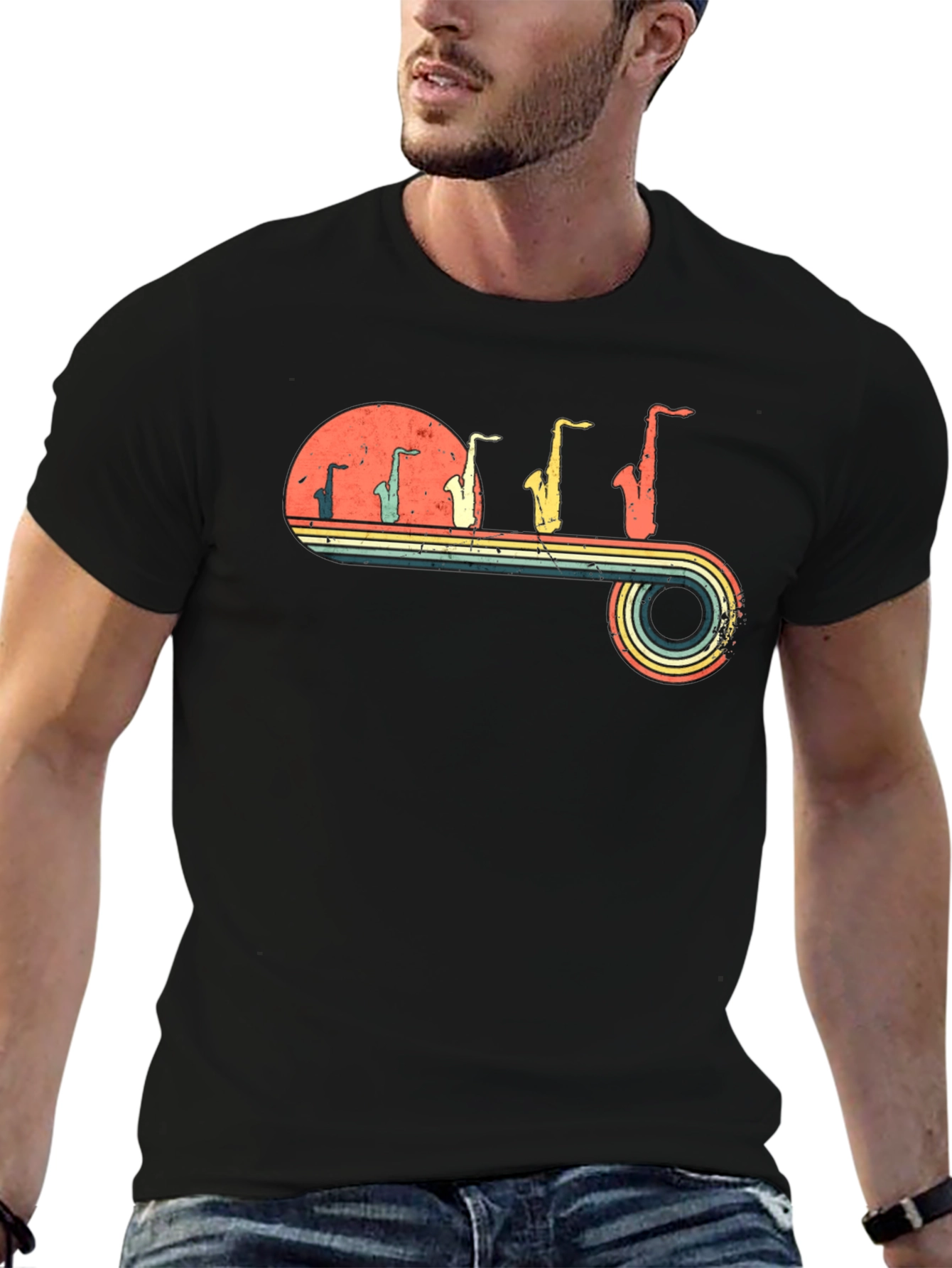 Black Retro Saxophone Evolution Graphic T-Shirt view 6