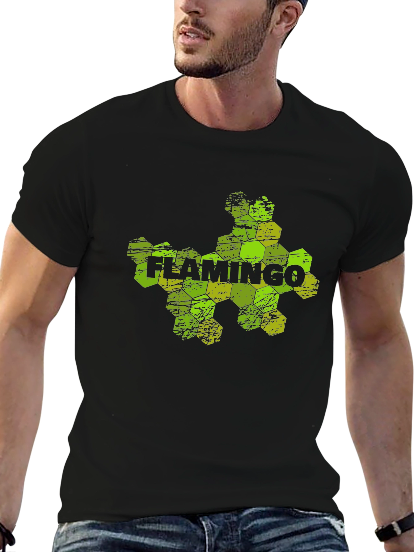Black Flamingo Hexagon Graphic Black T-Shirt view 6