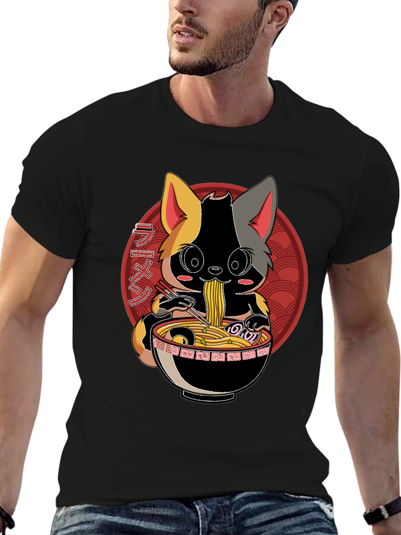 Black Ramen Cat T-Shirt - Anime Style view 6