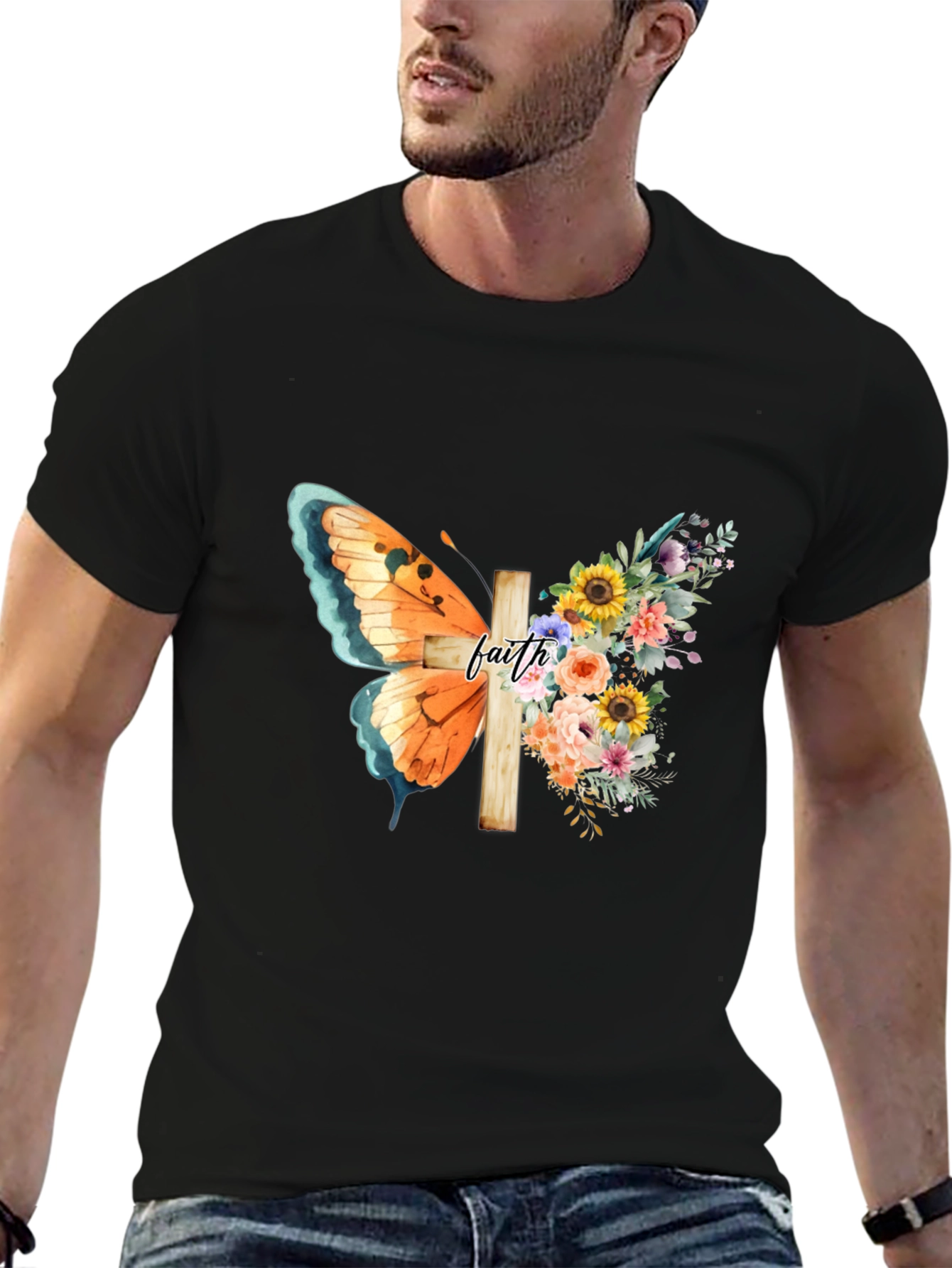 Black Faith Butterfly Floral Cross Graphic Tee view 6