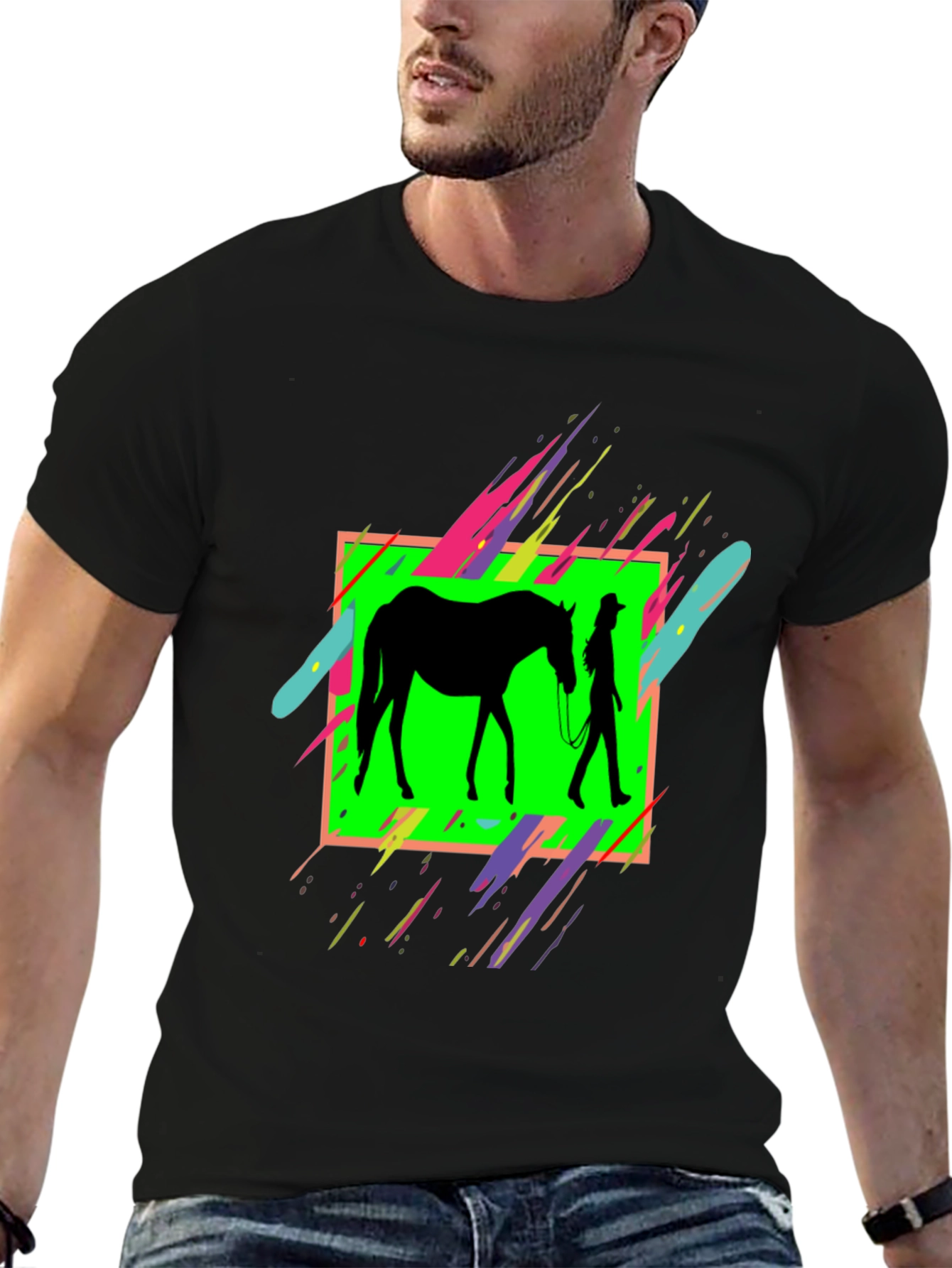 Black Horse & Rider Graphic Tee - Neon Silhouette Design view 6