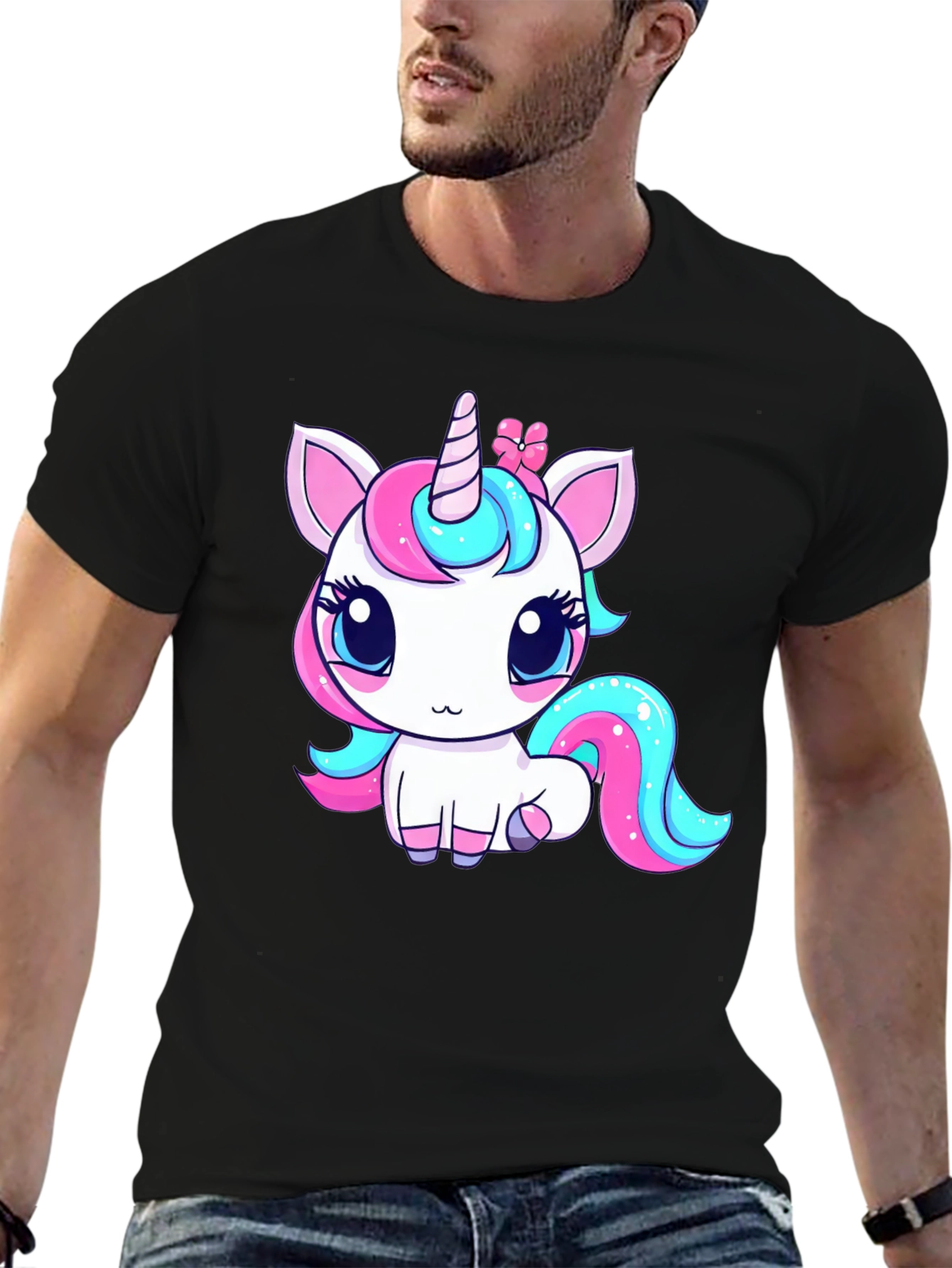 Black Cute Cartoon Unicorn Black T-Shirt view 6