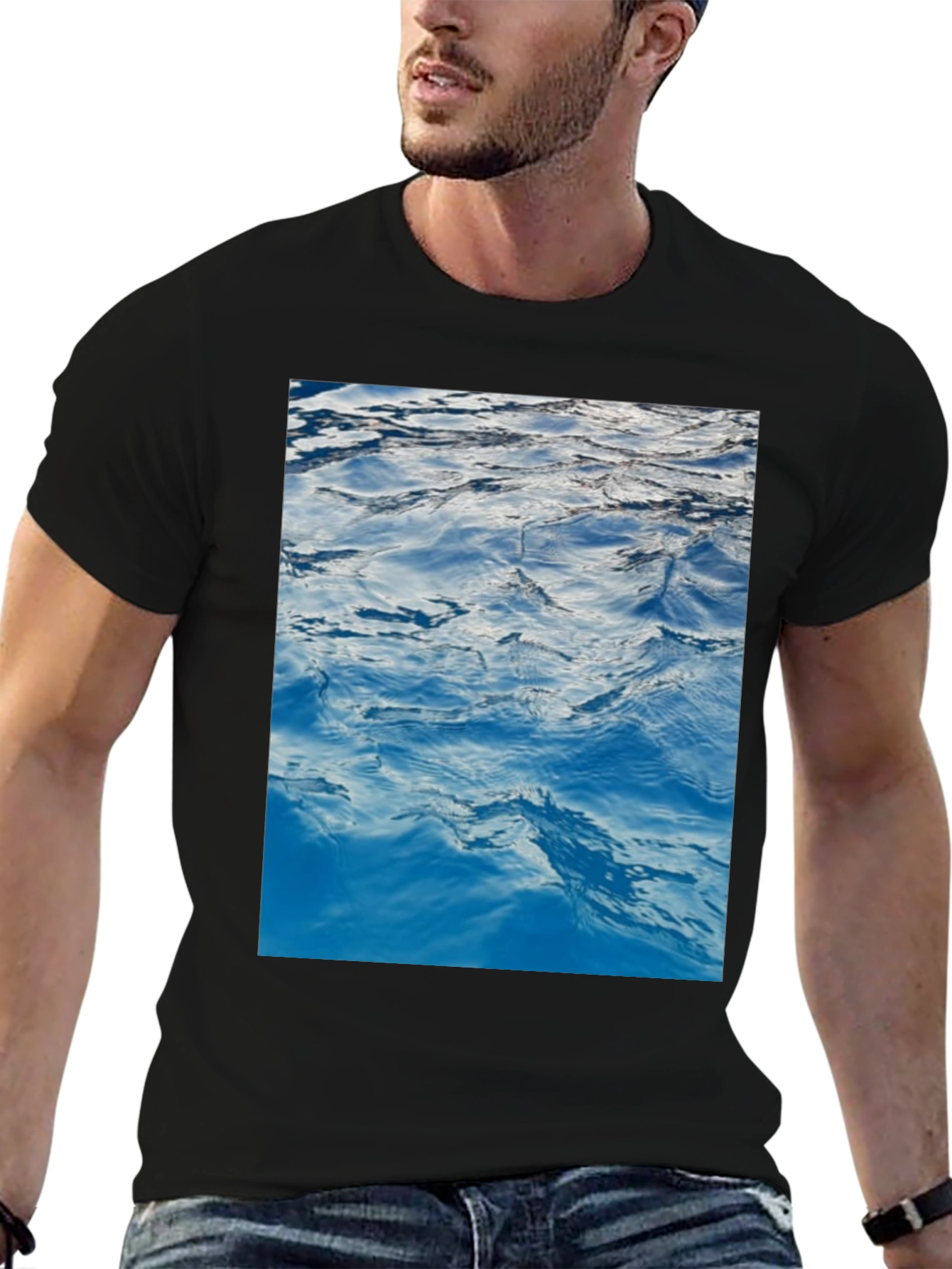 Black Ocean Waves Graphic Print Black T-Shirt view 6
