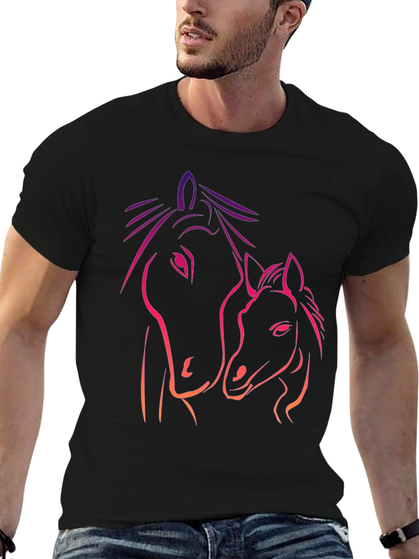 Black Horse Mama & Foal Graphic Tee - Black Cotton T-Shirt view 6