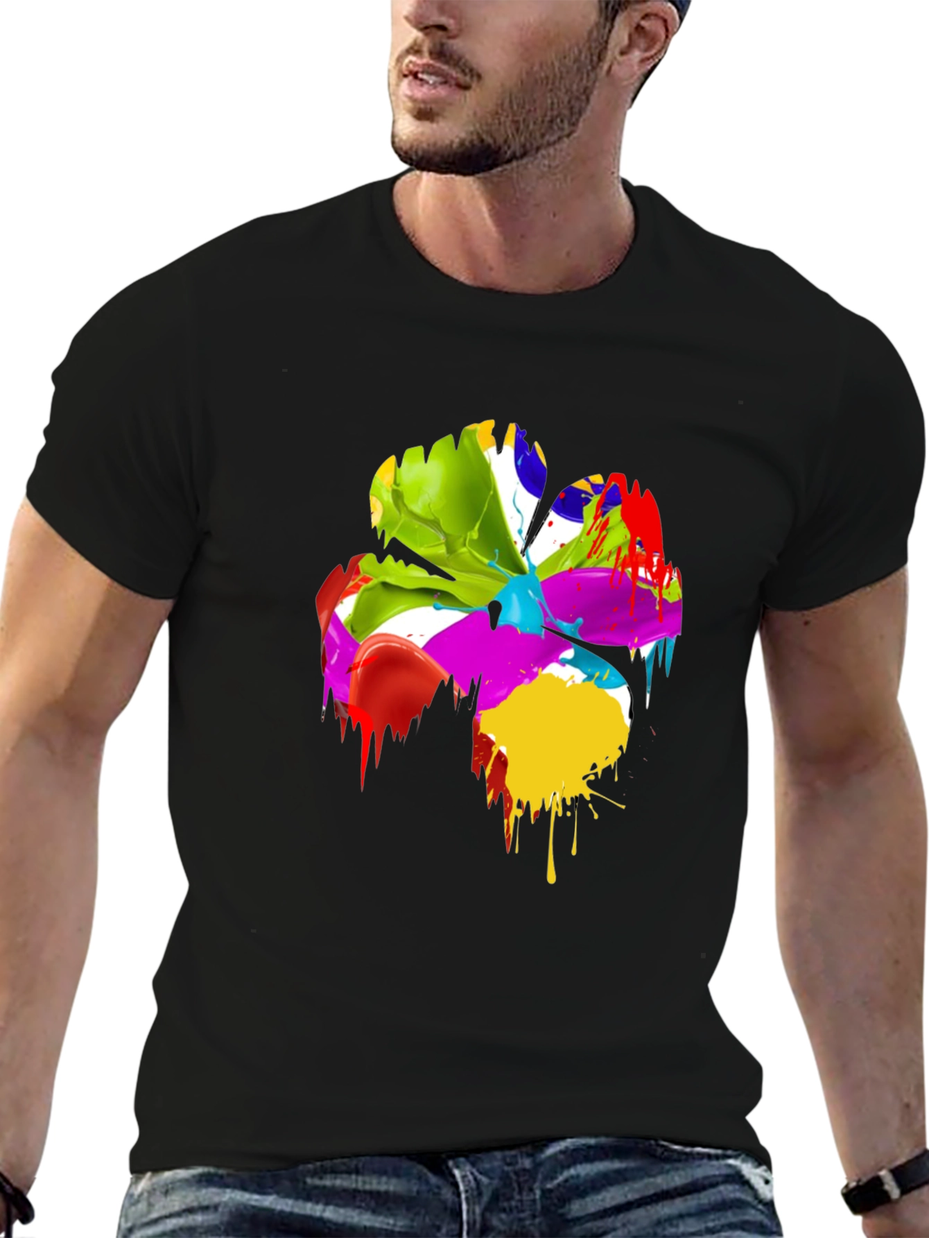 Black Abstract Paint Splatter Clover T-Shirt view 6