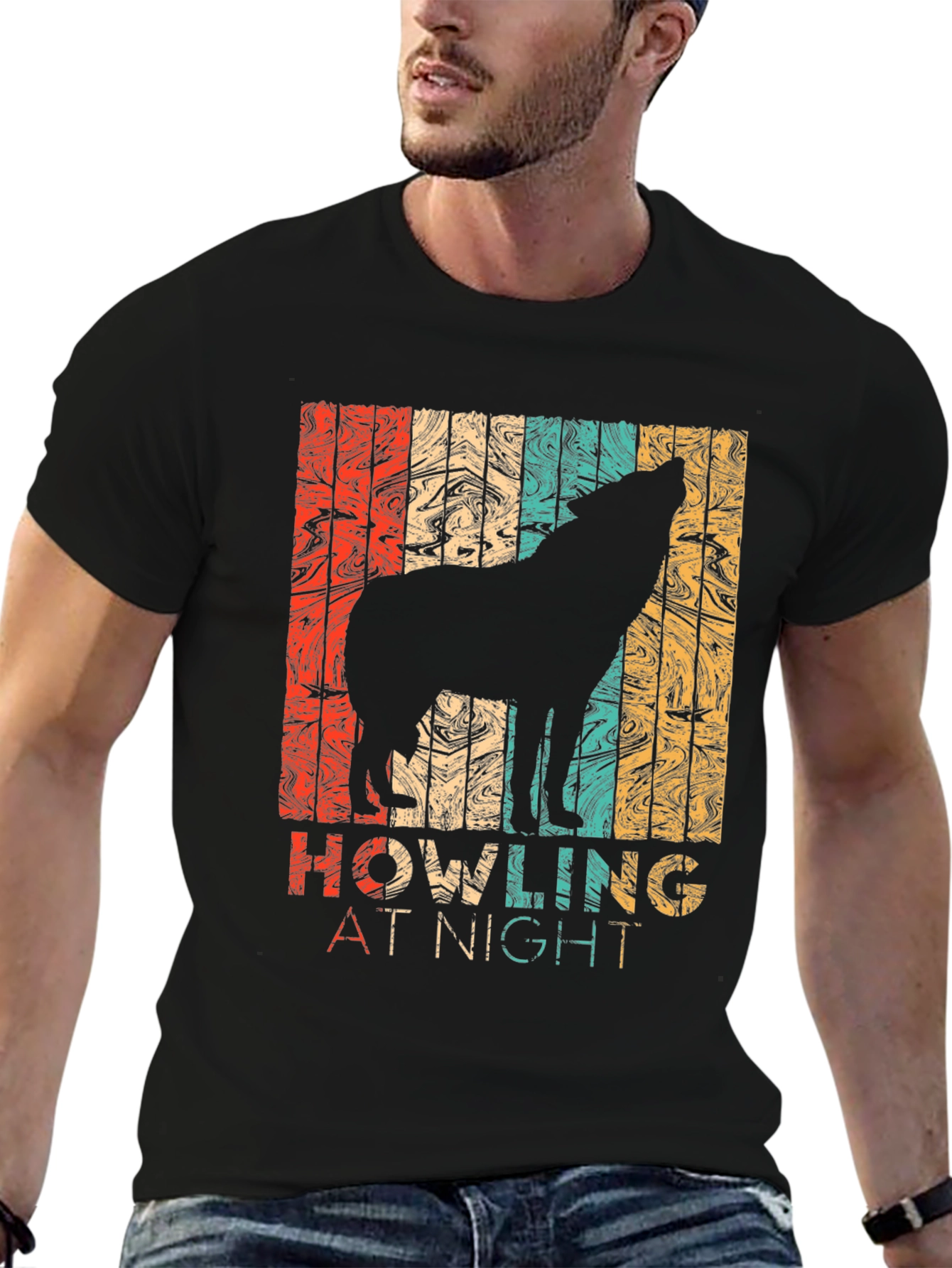 Black Retro Wolf Howling at Night Graphic T-Shirt view 6