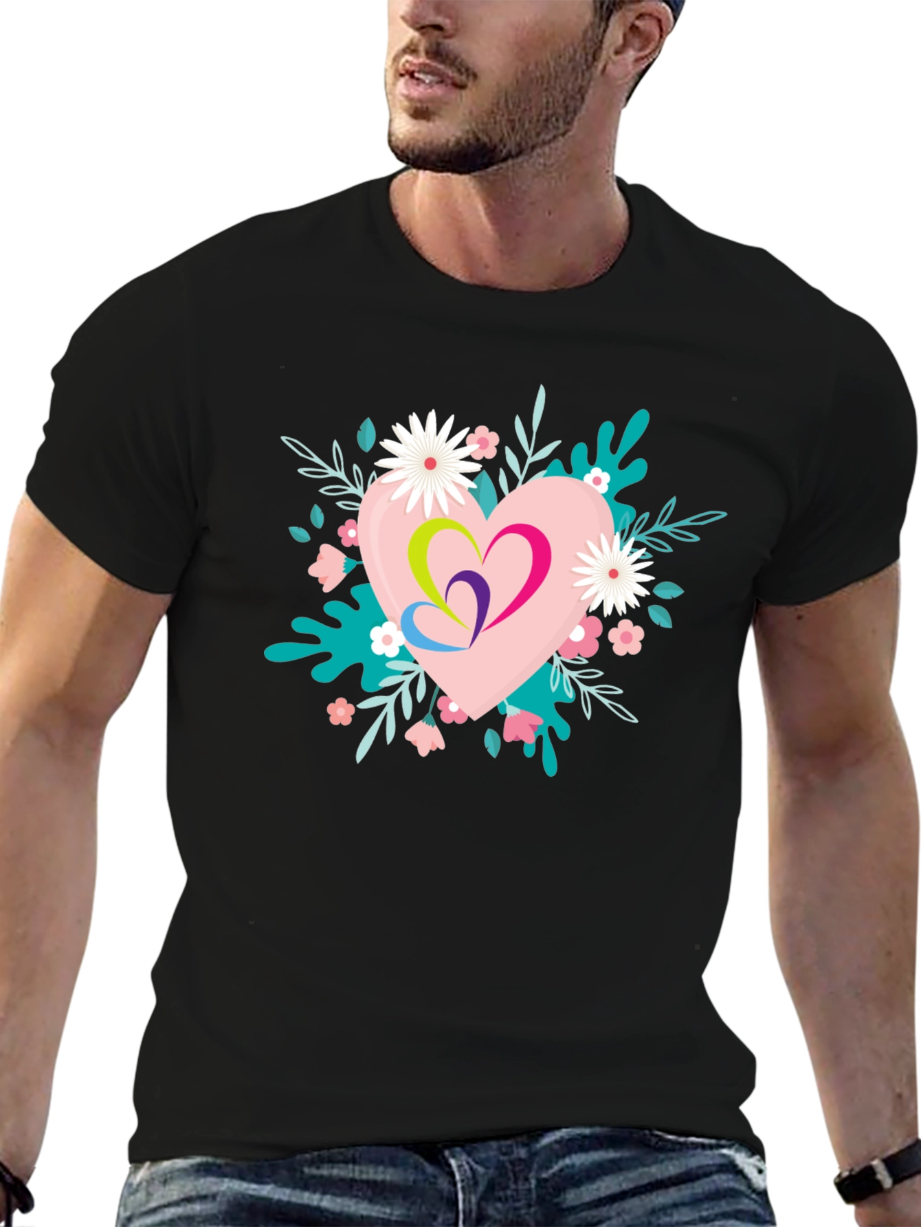 Black Floral Heart Graphic Black T-Shirt view 6