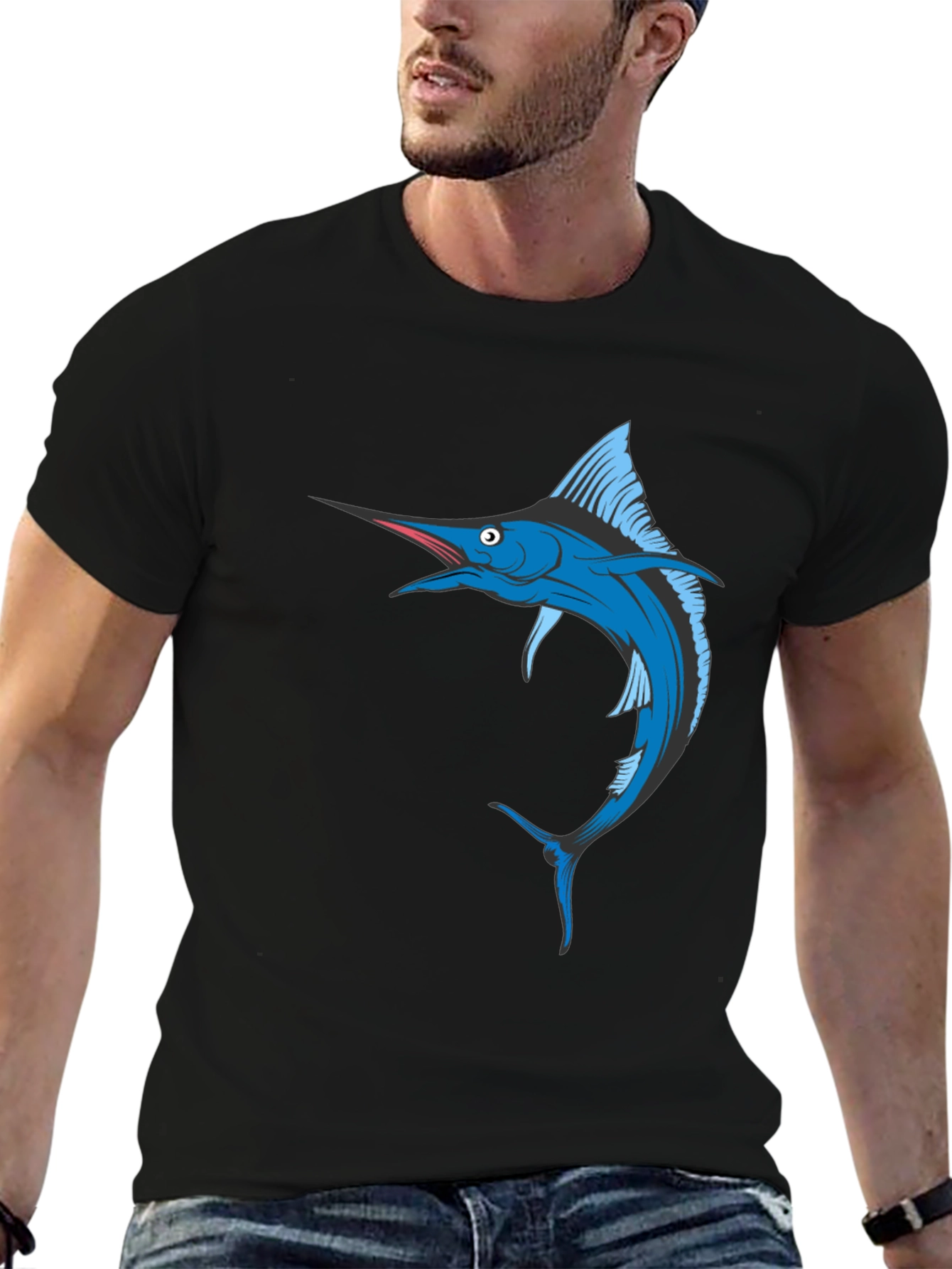 Black Blue Marlin Fish Graphic T-Shirt - Black Cotton Tee view 6