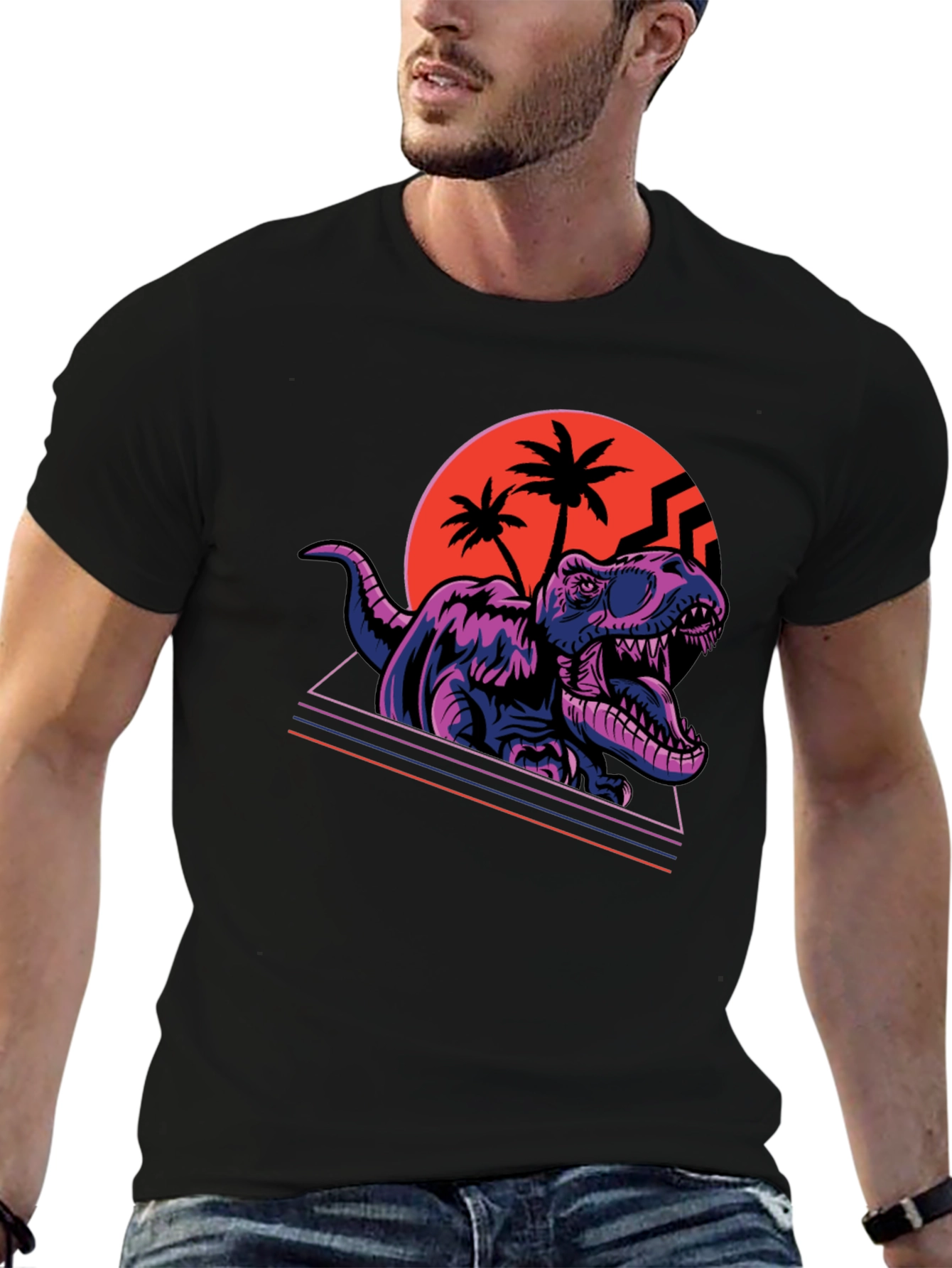 Black Retro Dinosaur T-Shirt - Synthwave Rex Tee view 6