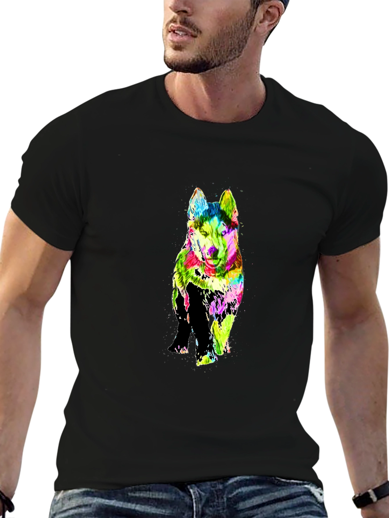 Black Colorful Husky Graphic Print Black T-Shirt view 6