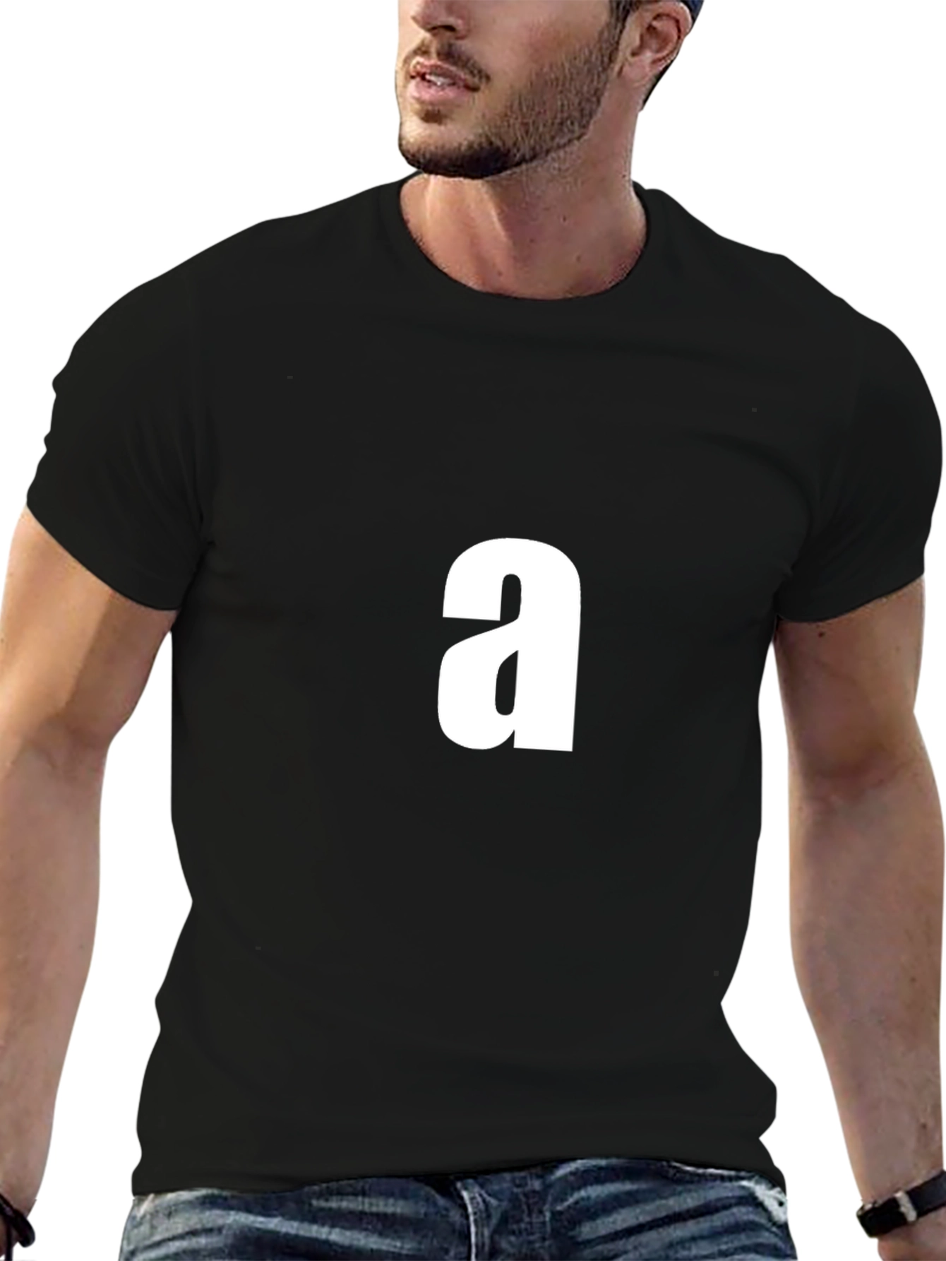 Black Men's Black T-Shirt with White 'a' Graphic view 6