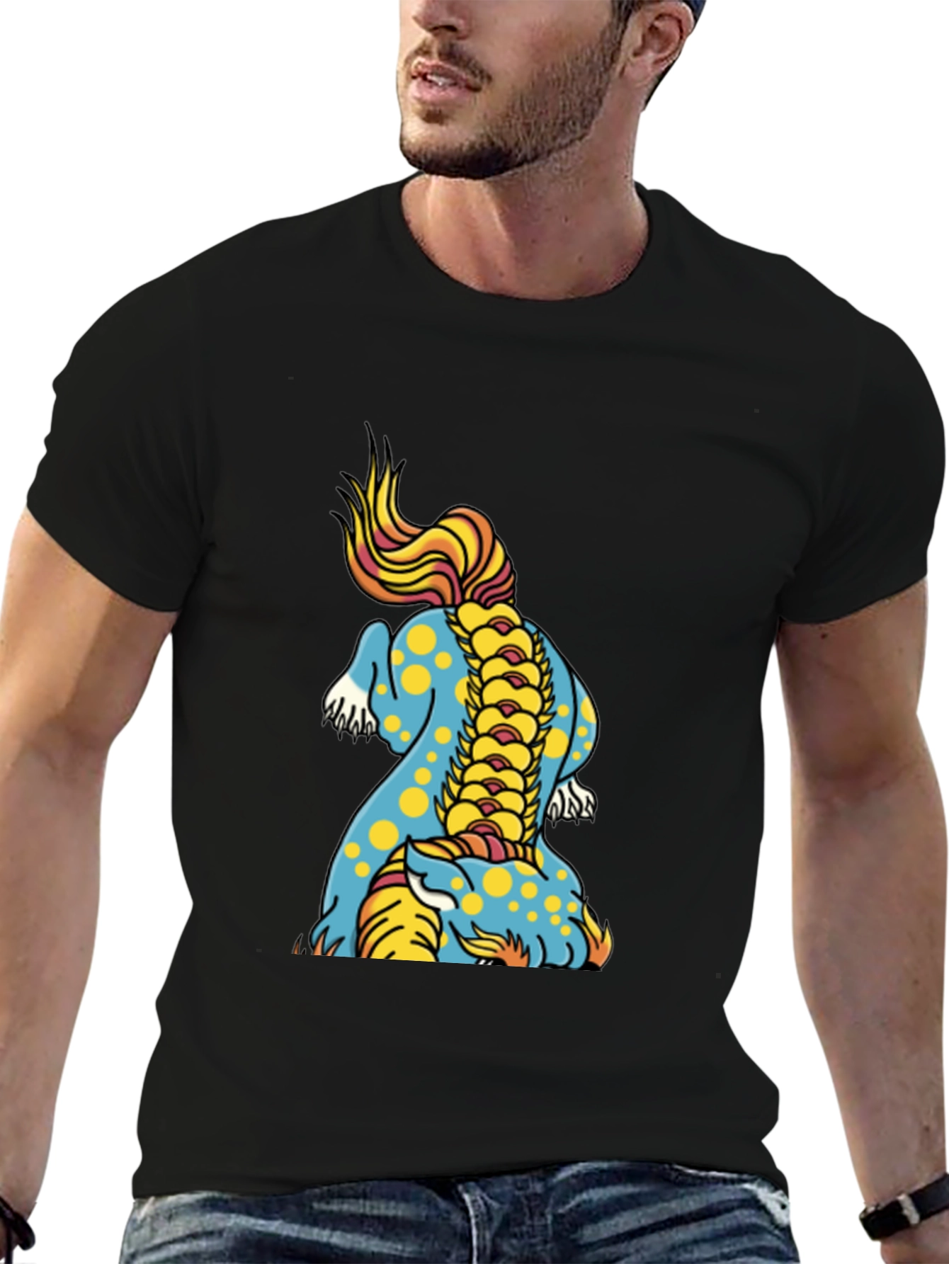 Black Men's Black T-Shirt with Colorful Dragon Design view 6