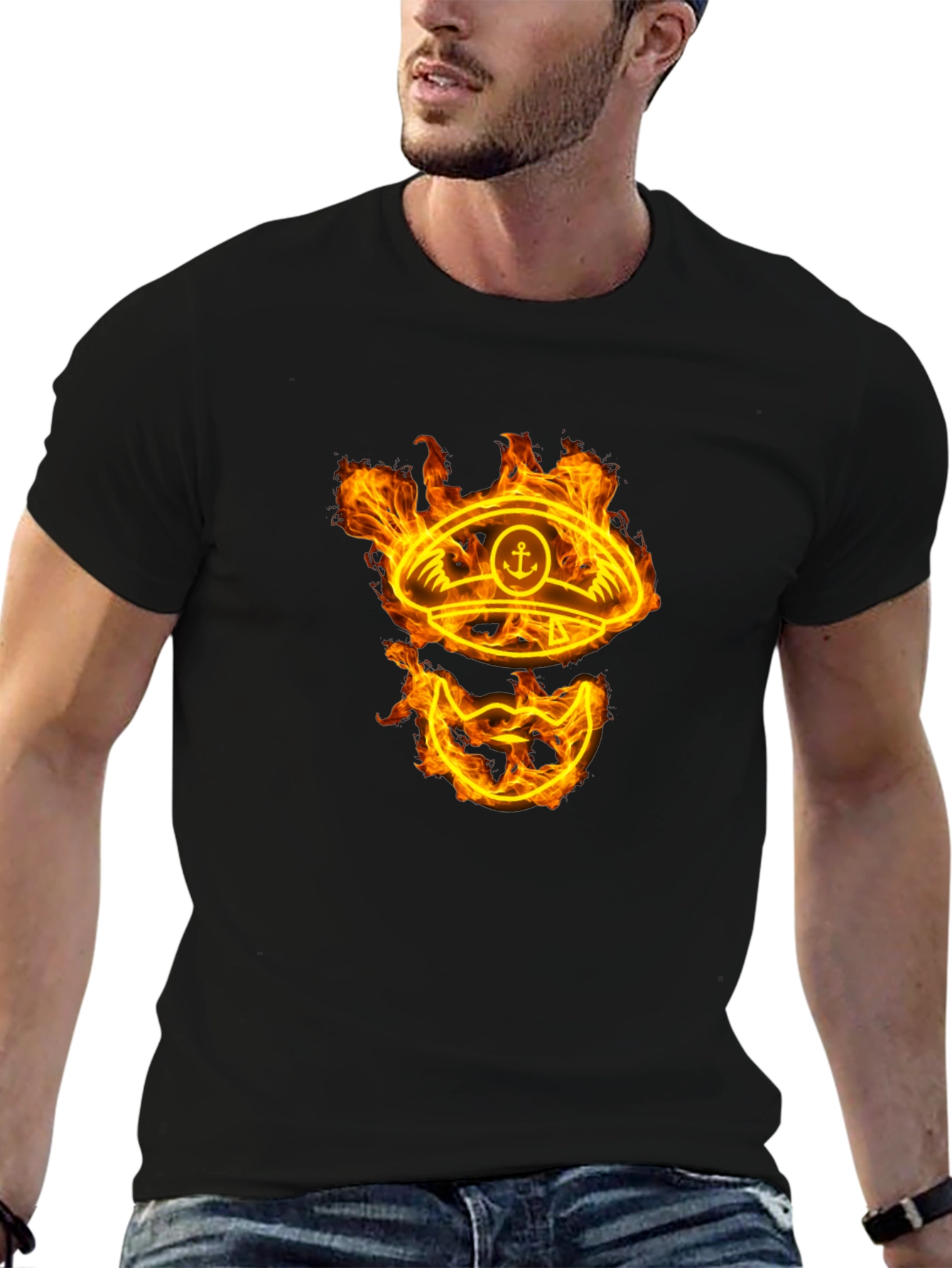 Black Flaming Captain Hat Graphic T-Shirt - Unique Design view 6