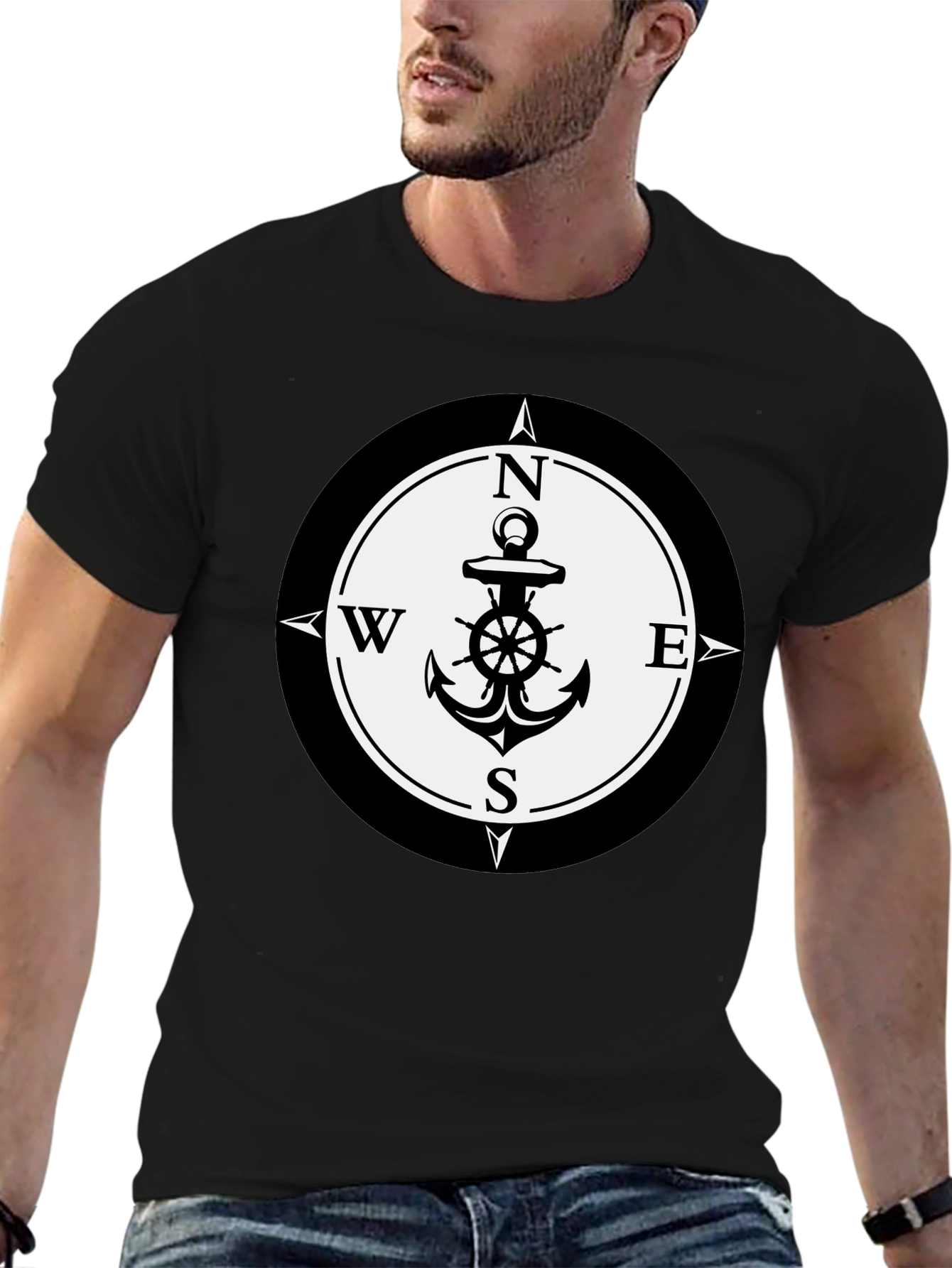 Black Nautical Anchor Compass Rose Graphic Tee - Black view 6