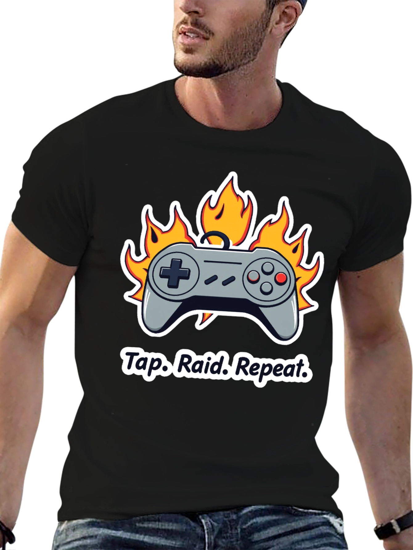 Black Gamer T-Shirt: Tap Raid Repeat - Controller in Flames view 6