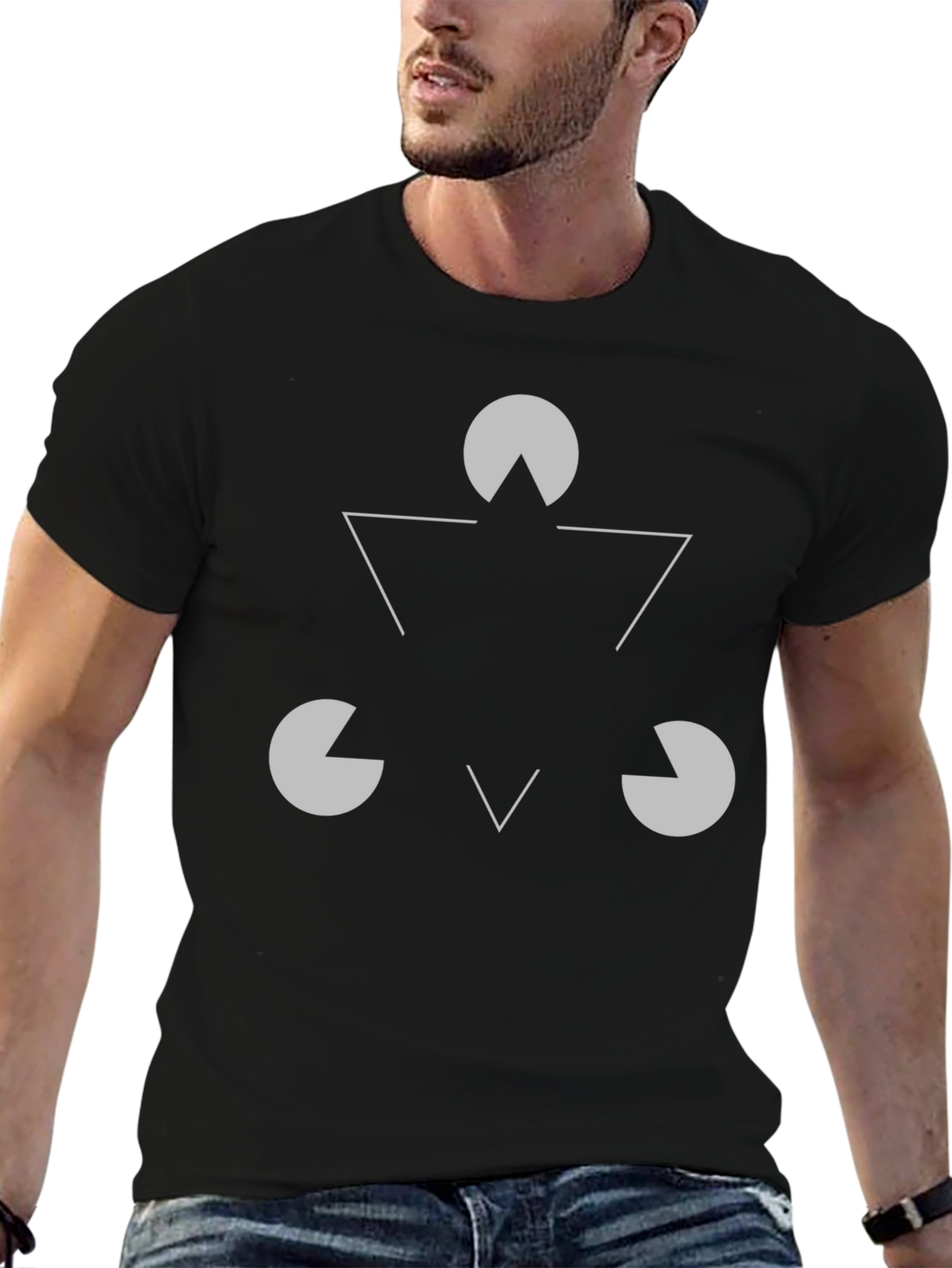 Black Illusory Triangle Graphic Tee - Black Cotton Casual Shirt view 6