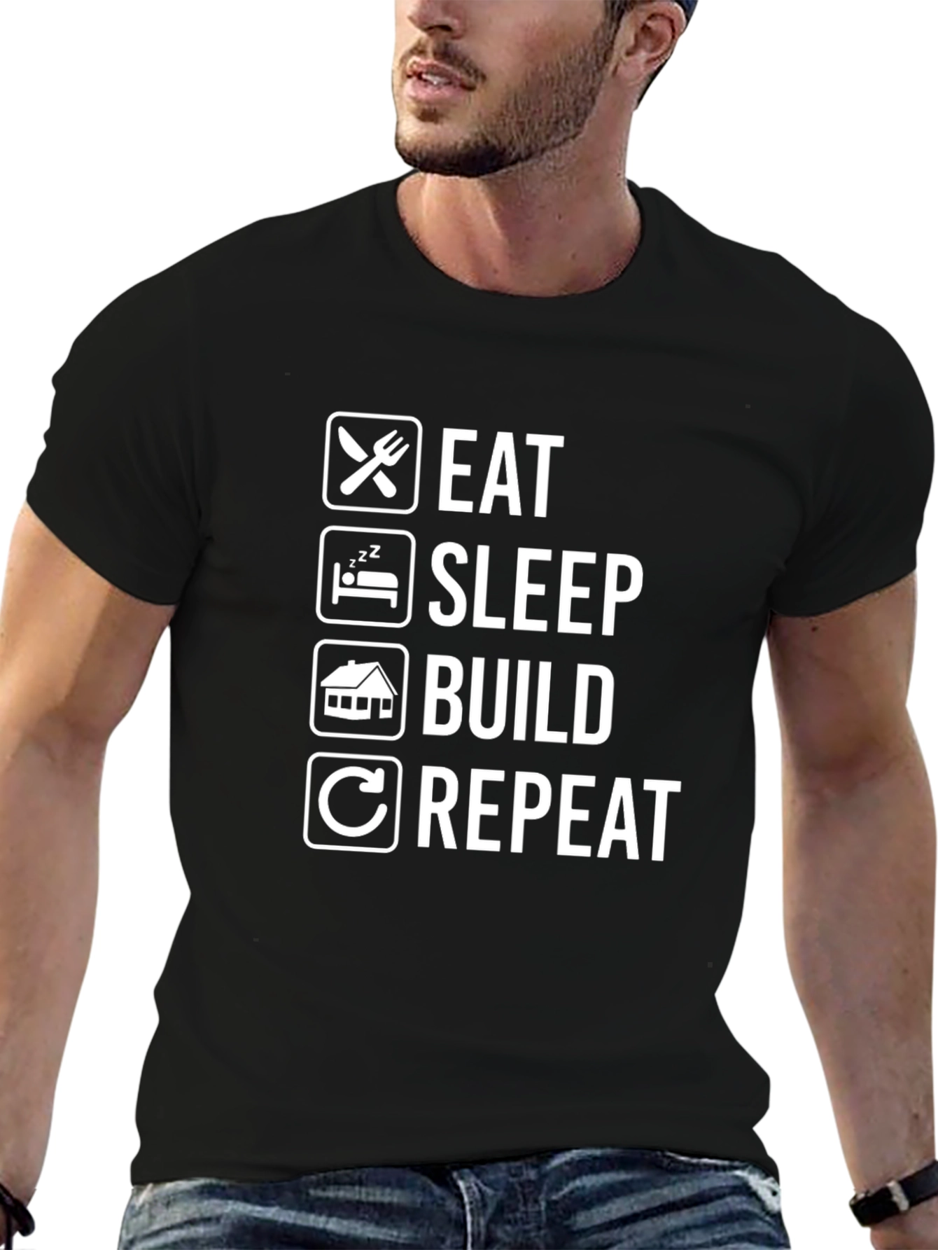 Black Eat Sleep Build Repeat T-Shirt - Funny Construction Tee view 6