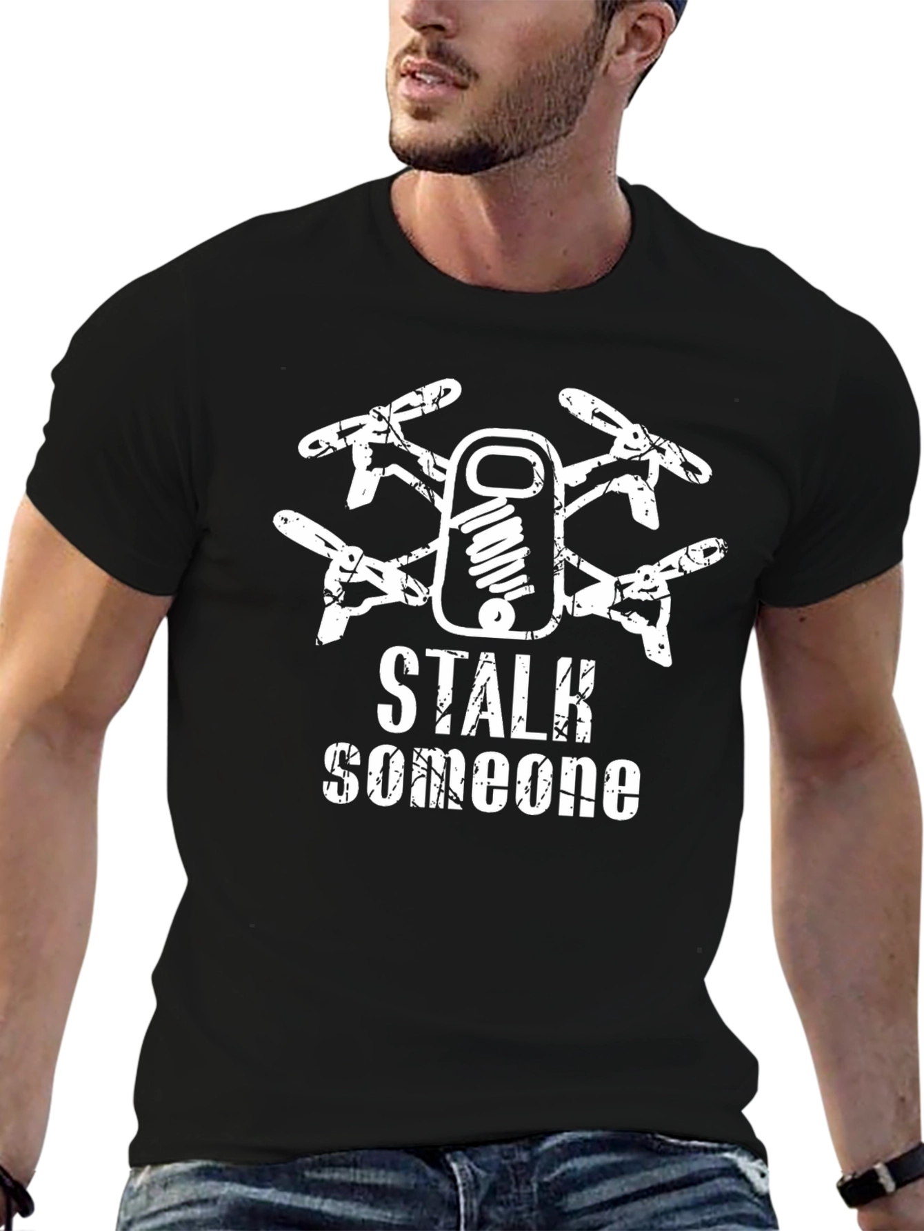 Black Stalk Someone Drone Graphic Black T-Shirt view 6