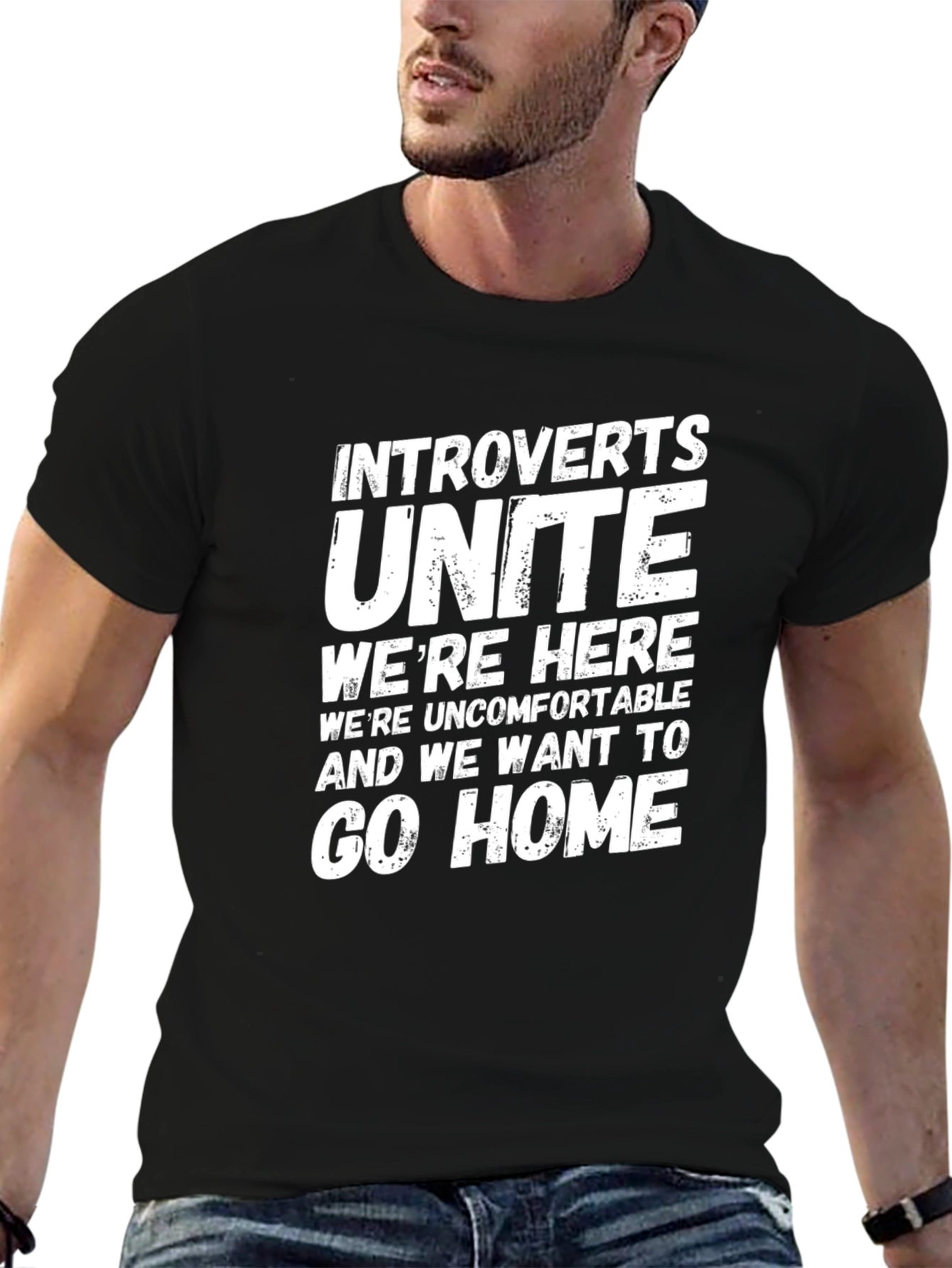 Black Introverts Unite Slogan T-Shirt - Humorous Tee view 6