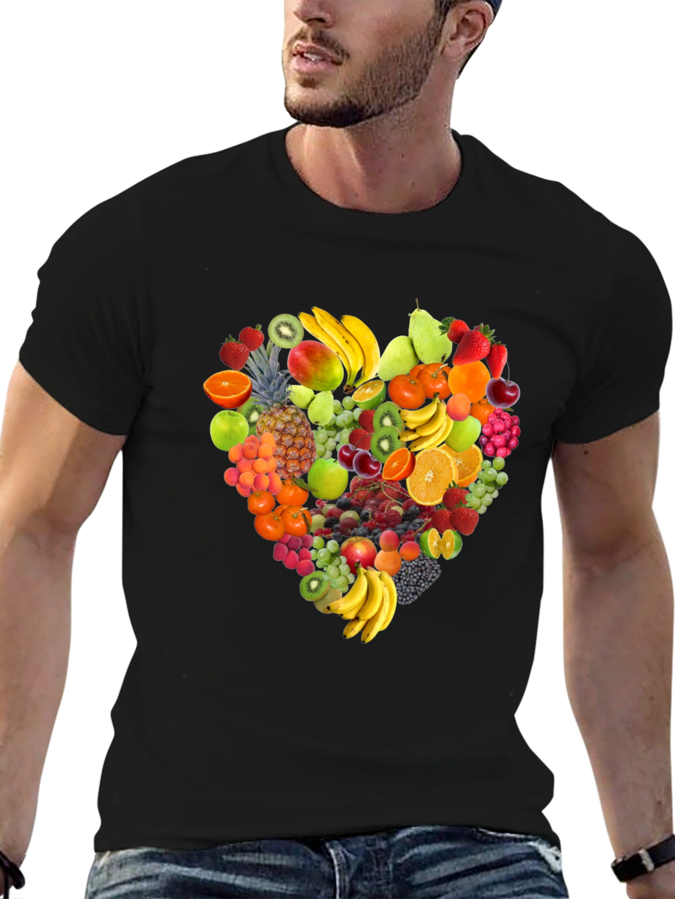 Black Fruit Heart Graphic Print Black T-Shirt view 6