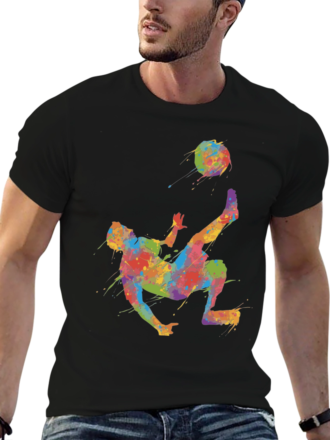 Black Colorful Soccer Kick T-Shirt - Unique Design view 6