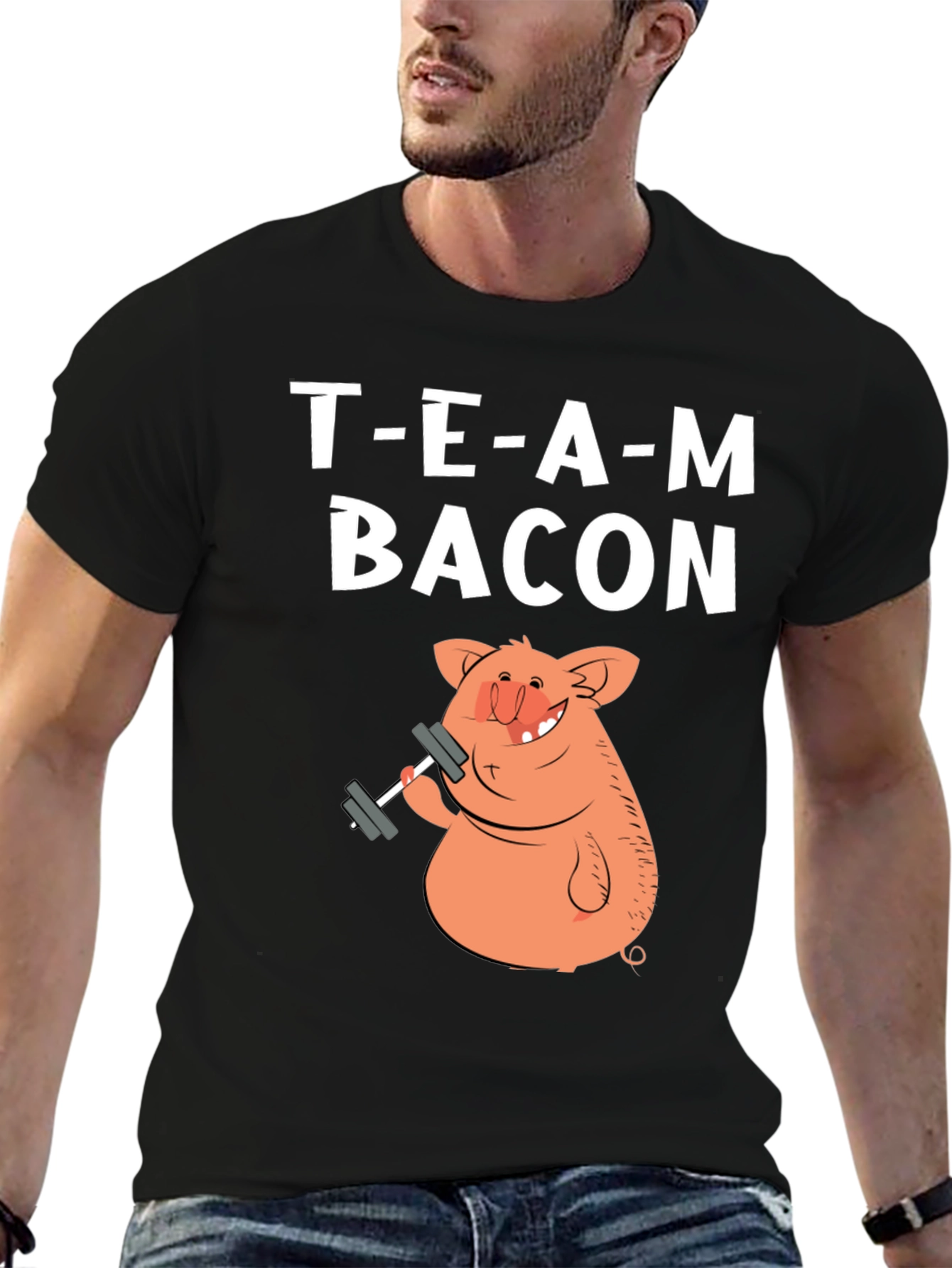 Black Team Bacon Pig Lifting Weights Graphic T-Shirt view 6