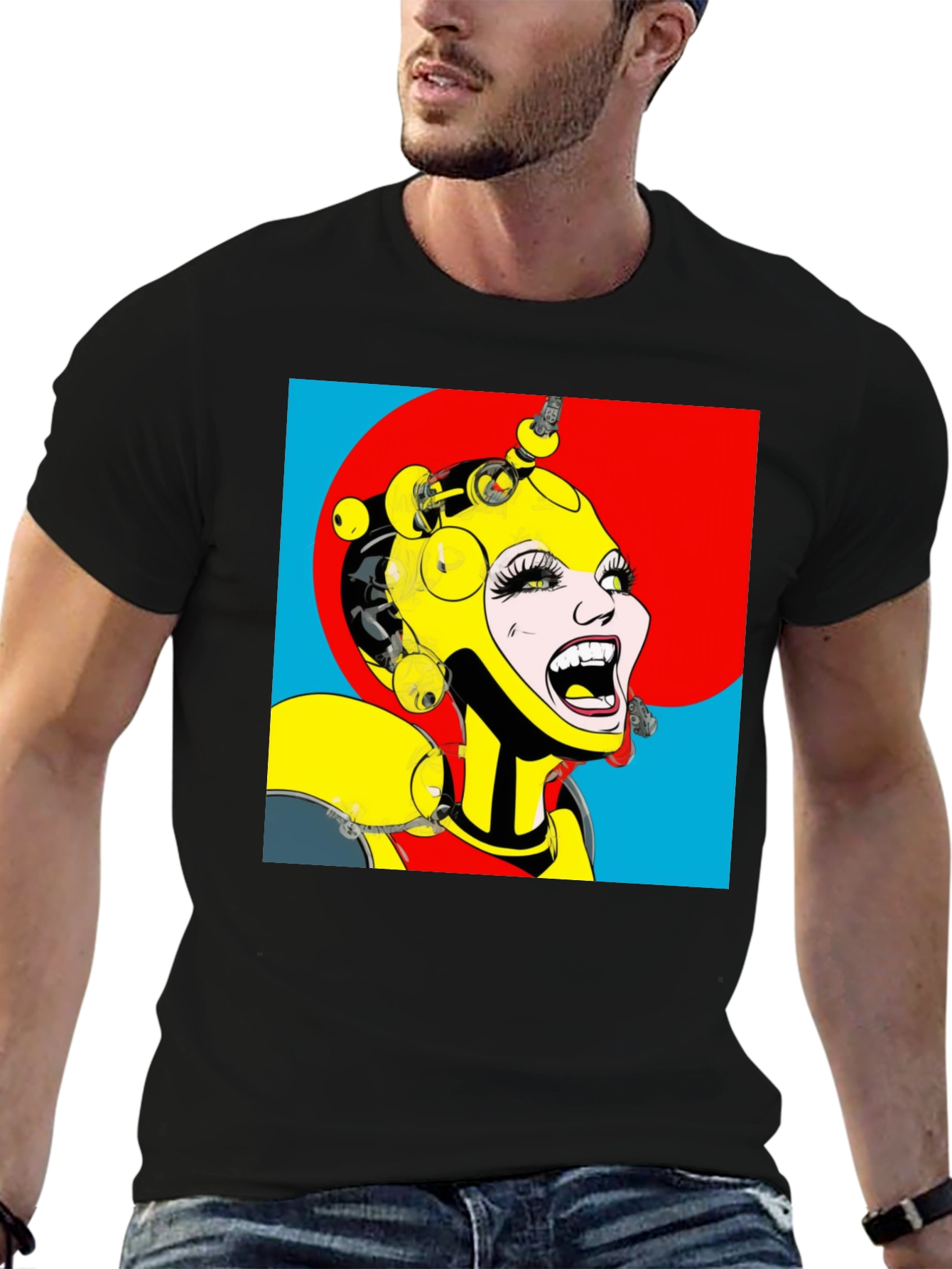 Black Pop Art Robot Woman Graphic T-Shirt view 6