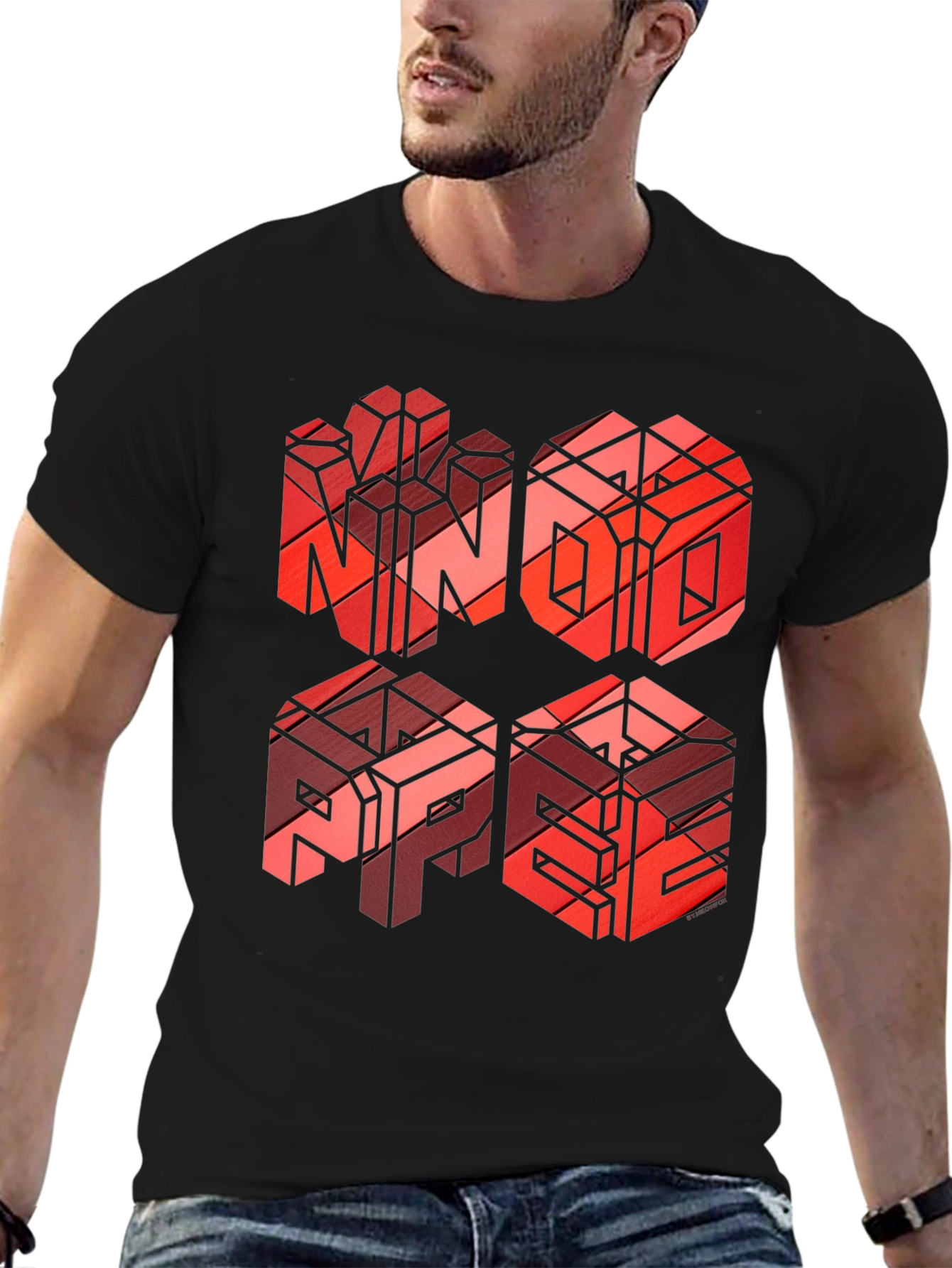 Black Geometric Word Art T-Shirt - NINO, ABPE Design view 6