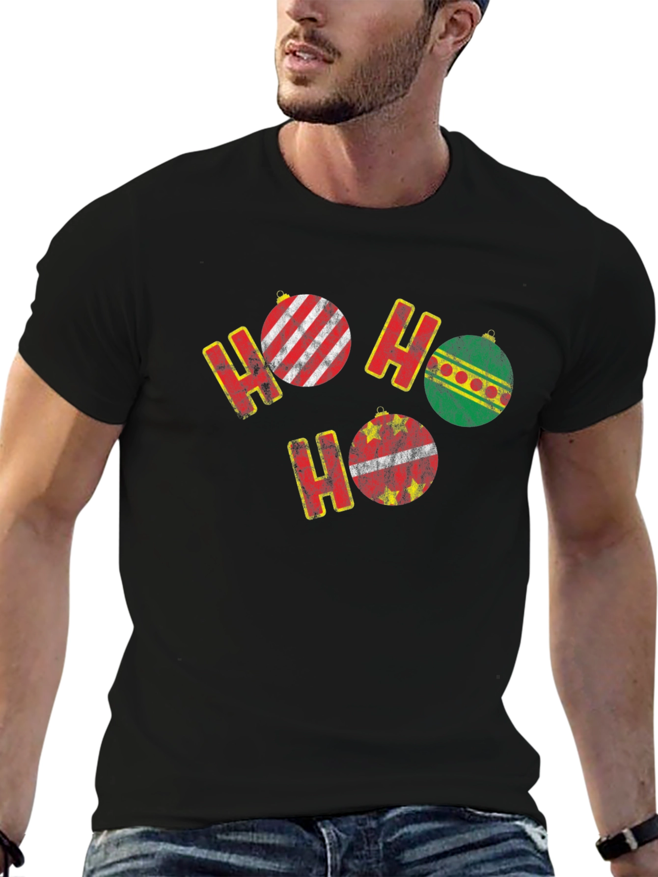 Black Festive Ho Ho Ho Christmas Ornament T-Shirt view 6