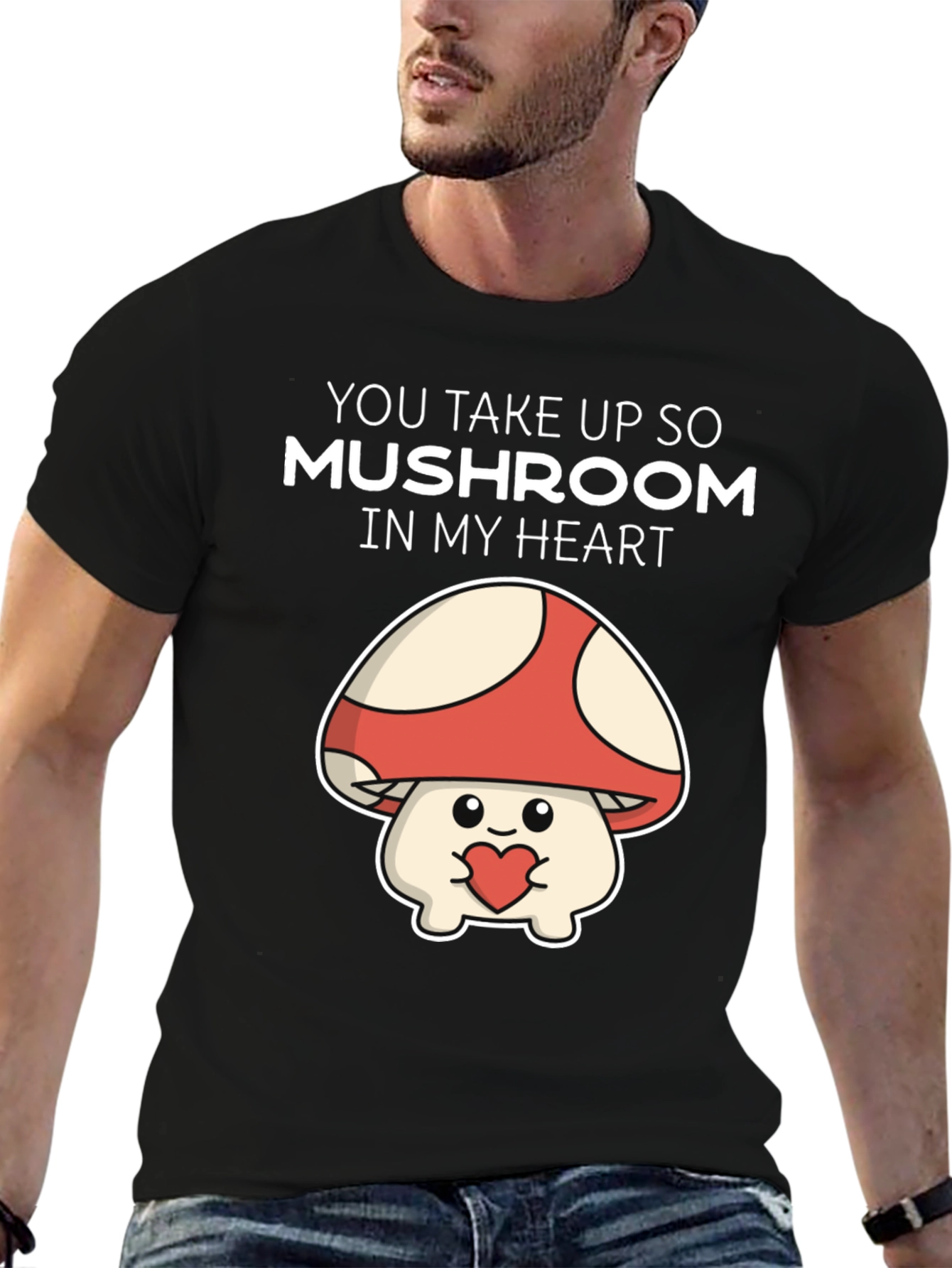 Black Mushroom Heart T-Shirt - You Take Up So Mushroom view 6
