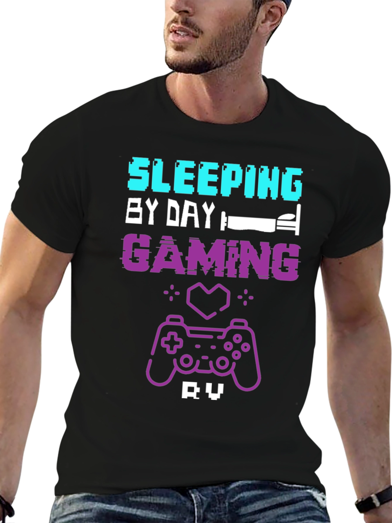 Black Gamer T-Shirt: Sleeping by Day, Gaming by Night view 6
