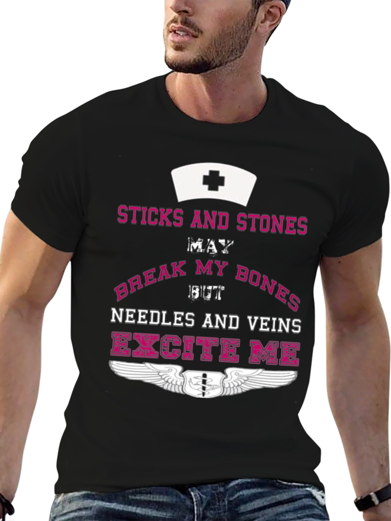 Black Nurse Humor T-Shirt - Sticks & Stones, Needles & Veins view 6