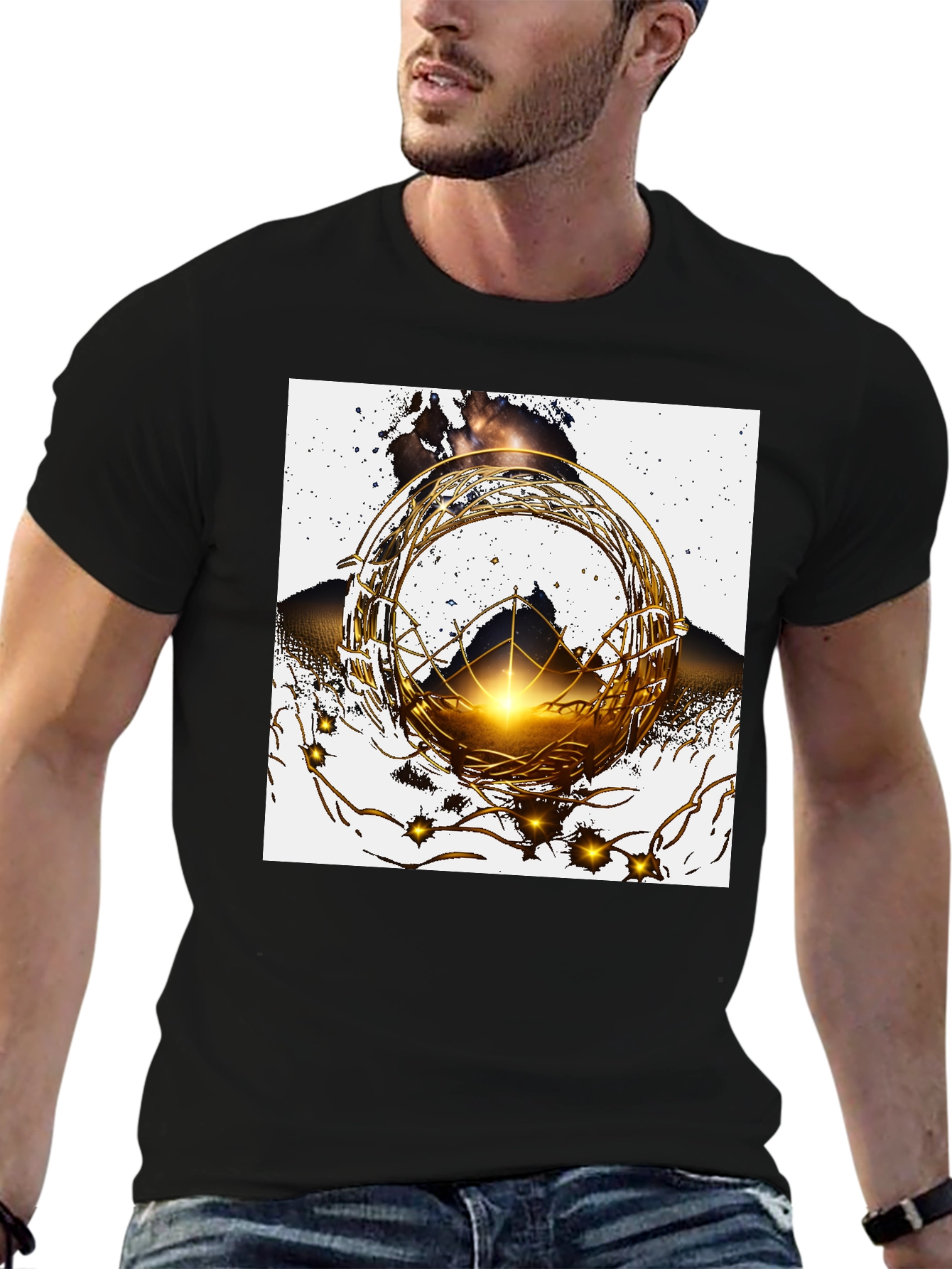 Black Geometric Gold Design Black T-Shirt view 6